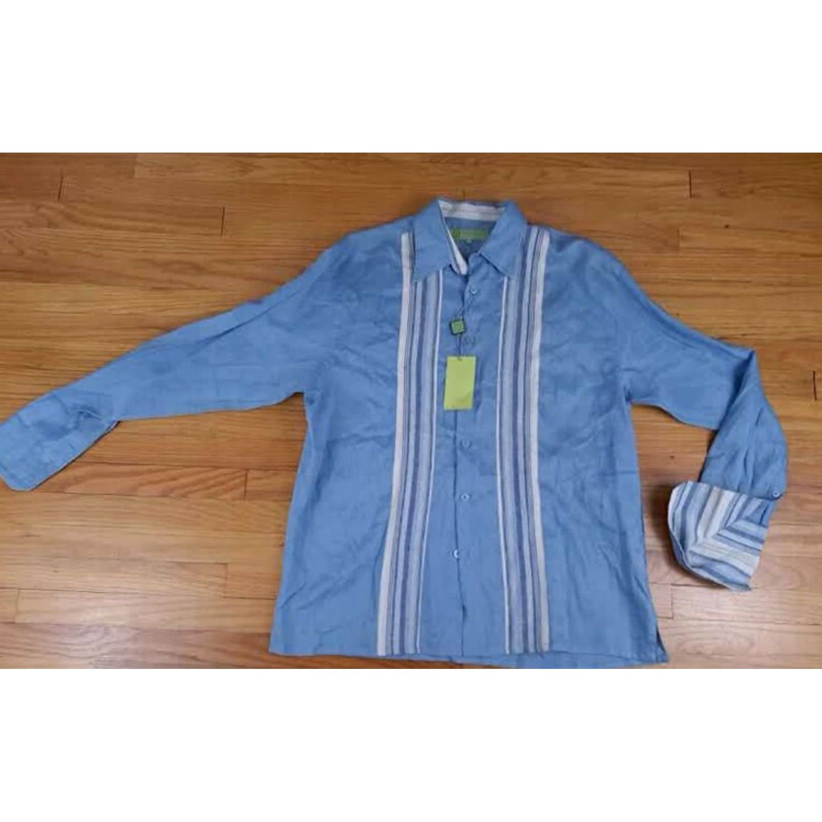 X-LARGE VINTAGE 100% Linen Full Button Lite Blue Long Stripe X-Large Shirt Maxini NWT Size US XL / EU 56 / 4 - 2 Thumbnail