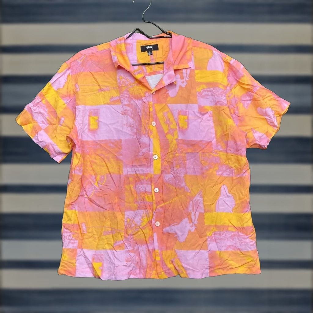 Pinko Stussy Button-Up Shirt Mens Medium Pink Short Sleeve Lightweight Geometric Abstract y2k Size US M / EU 48-50 / 2 - 1 Thumbnail