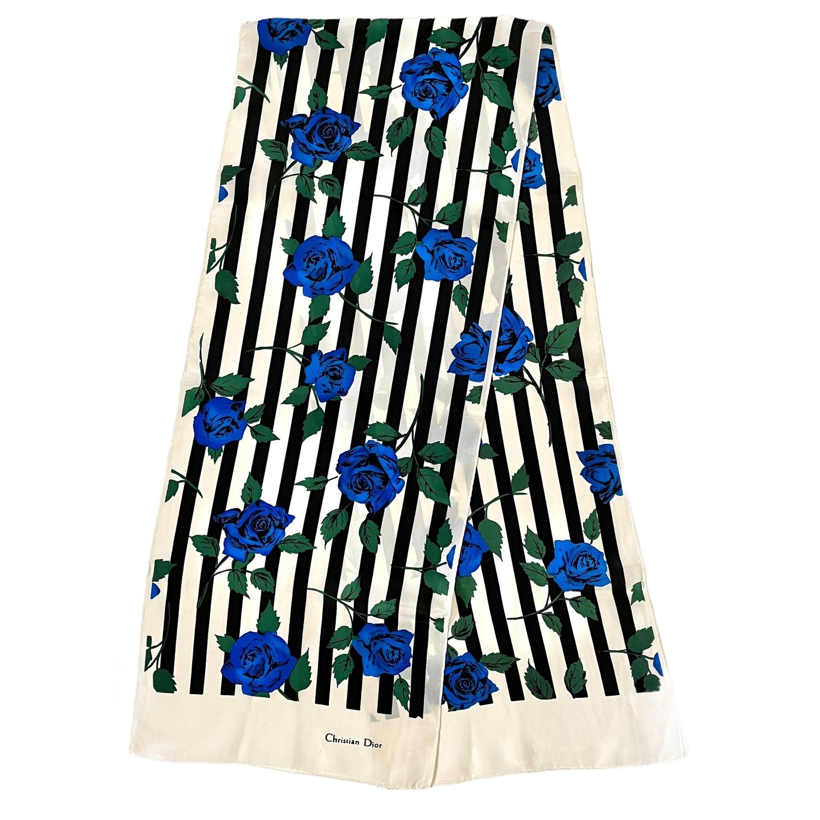 Christian Dior Vintage Striped Blue Rose Silk Long Scarf