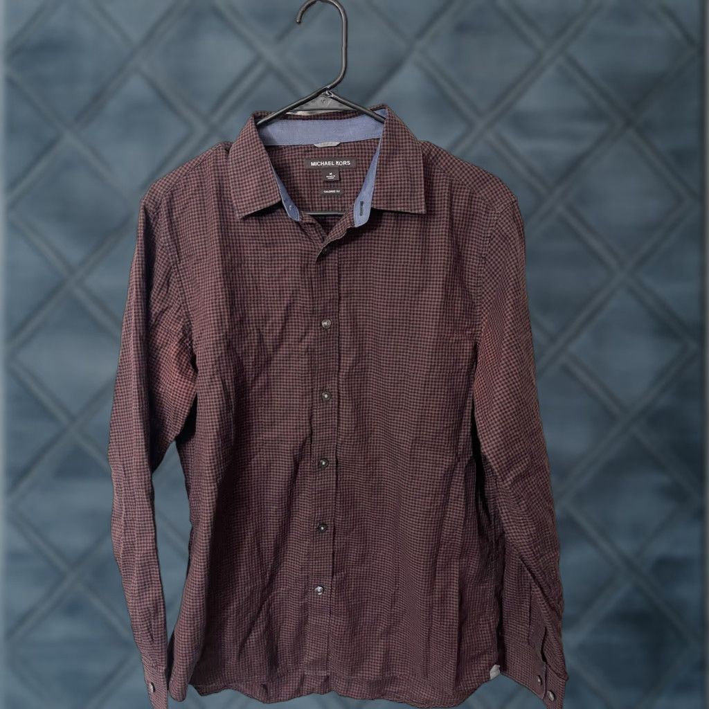 Michael Kors Michael Kors Shirt Mens Medium Maroon Gingham Tailored Fit Long Sleeves Button Up Button-Up Casual Workwear Classic Size US M / EU 48-50 / 2 - 1 Thumbnail