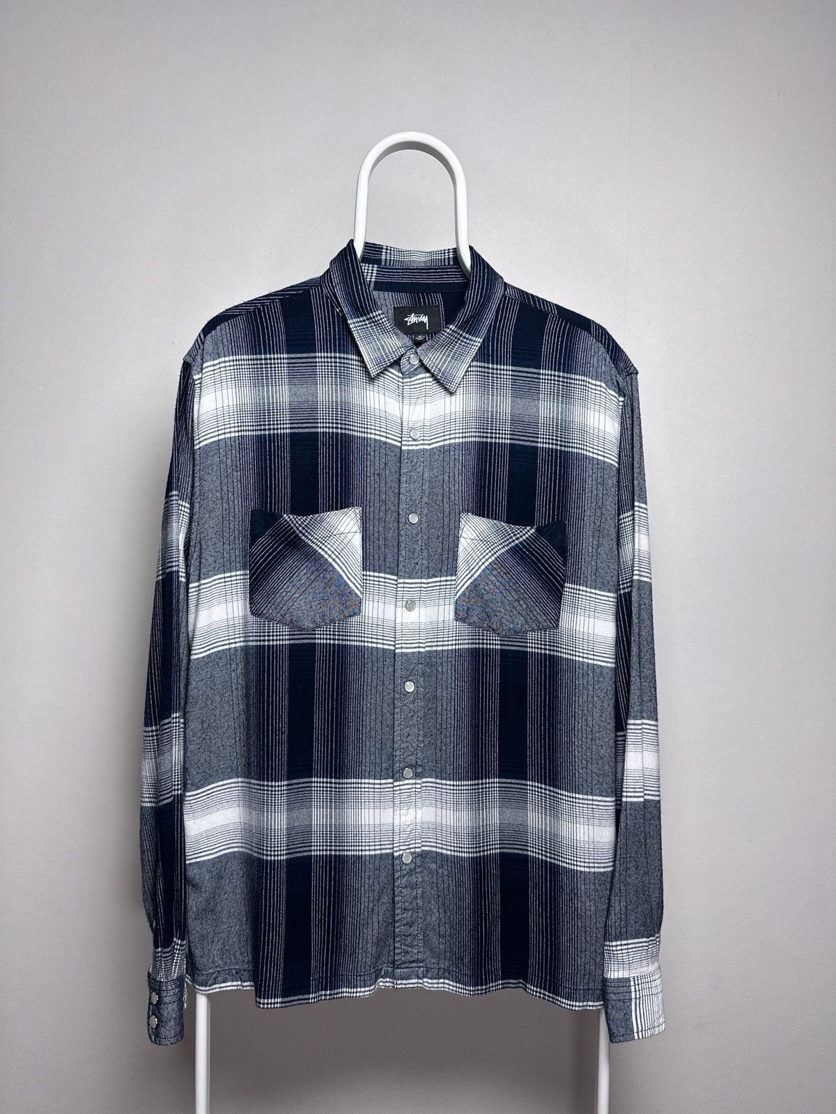 Streetwear × Stussy Stussy shadow black plaid Rayon long sleeve