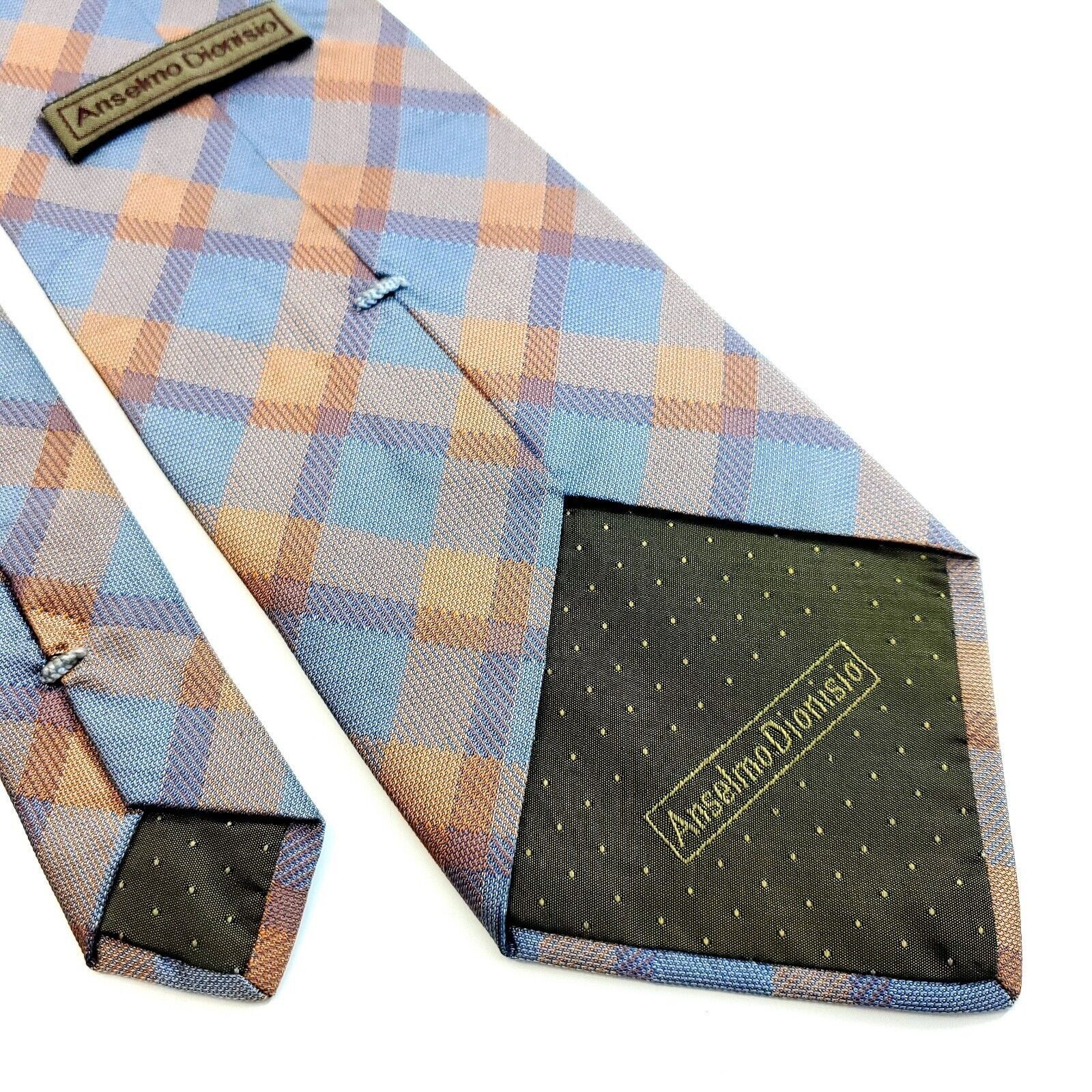 Designer Anselmo Dionisio Orange Blue Plaid Woven Wide Silk Tie Size ONE SIZE - 7 Thumbnail