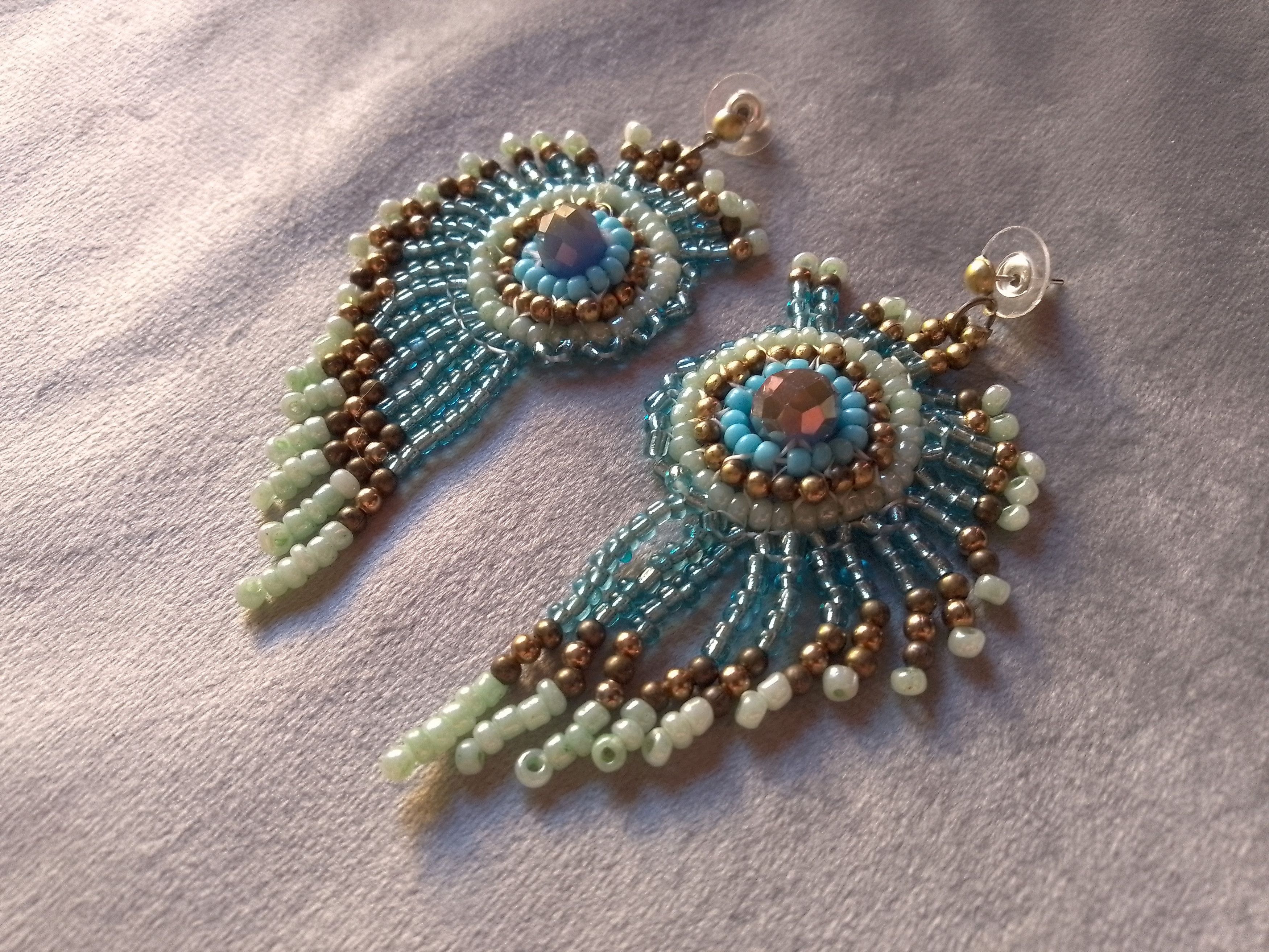 Handmade Earrings Long Crystal Green Turquoise Peacock Feather Size ONE SIZE - 1 Thumbnail