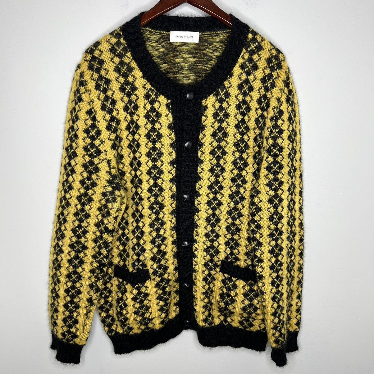 image of Ernest W Baker Ernest W. Baker Argyle Jacquard Cardigan Yellow Black Mohair, Men's (Size Medium)