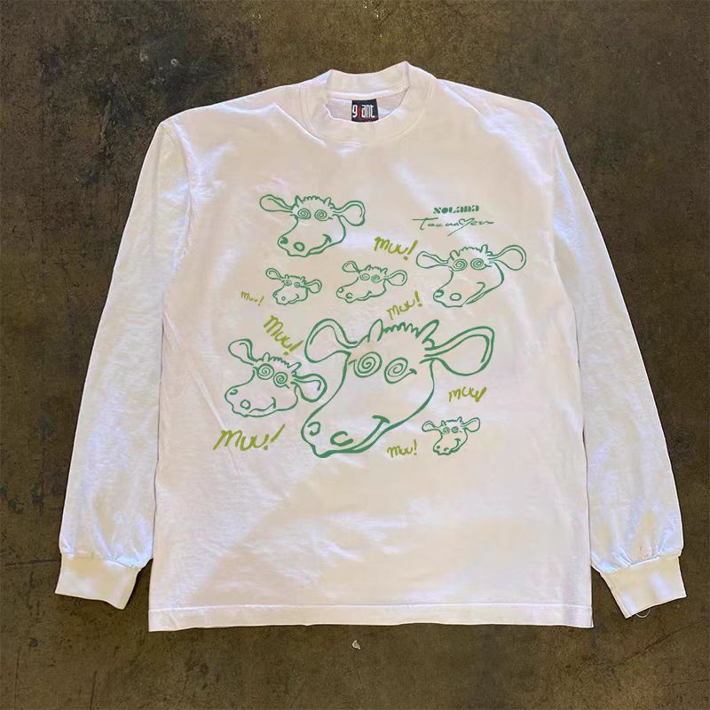 Japanese Brand × Vintage White casual retro long-sleeved t-shirt with cow pattern Size US L / EU 52-54 / 3 - 1 Thumbnail