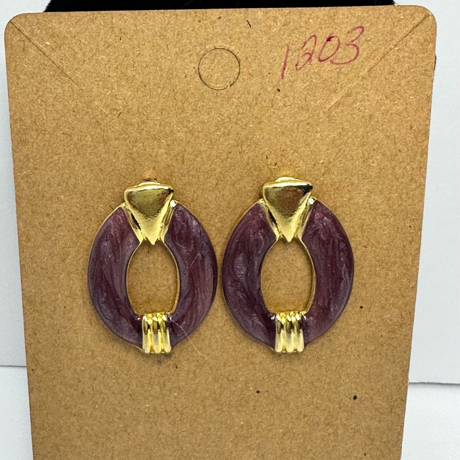 Vintage 80's Oval Post Earrings Purple Sparkle Enamel and Gold Stud Size ONE SIZE - 3 Thumbnail
