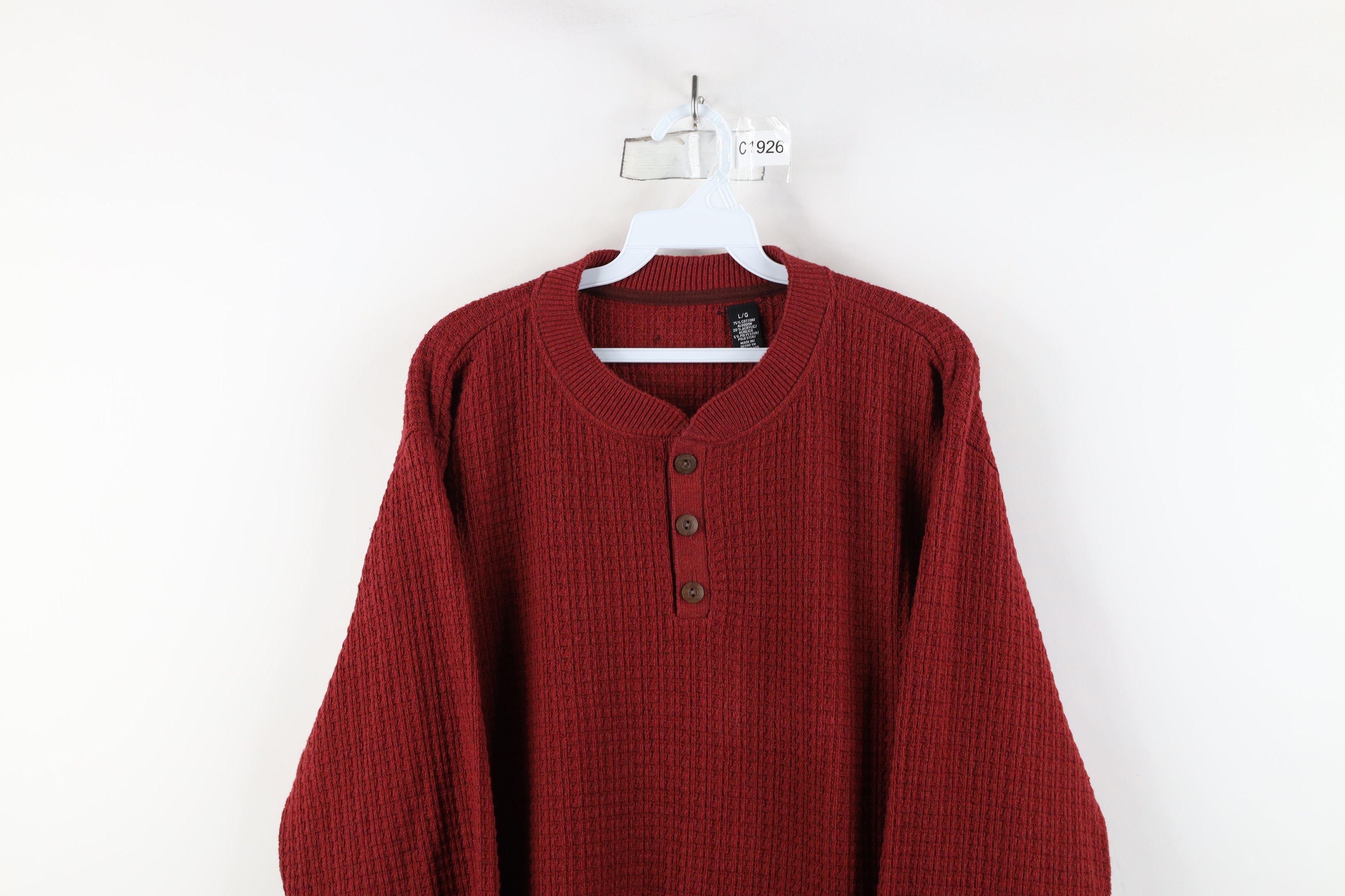 Vintage Vintage 90s Streetwear Waffle Knit Henley Sweater Red Size US L / EU 52-54 / 3 - 2 Thumbnail