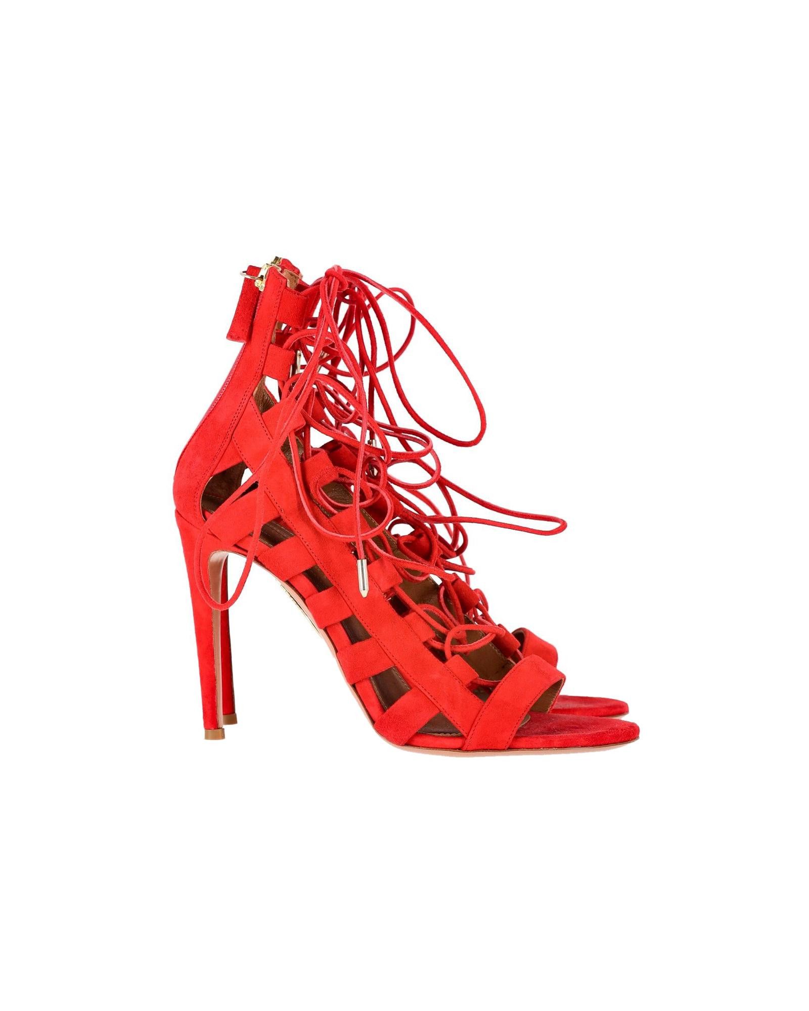 image of Aquazzura Strappy Red Suede Heel Shoes With Elegant Design, Women's (Size 8)