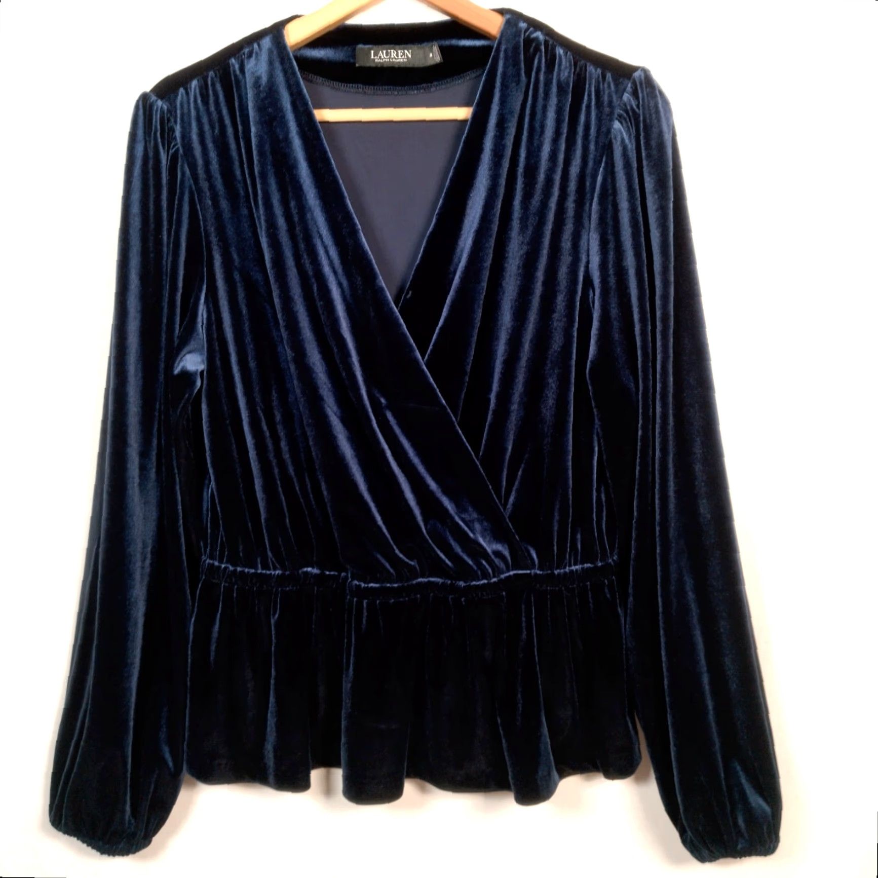 Ralph Lauren Lauren Ralph Lauren Shirt Women M Blue Velour Peplum Royal Top Ballon Sleeve V-Neck Womens RegularSized Velour Top 90s? Size M / US 6-8 / IT 42-44 - 2 Thumbnail