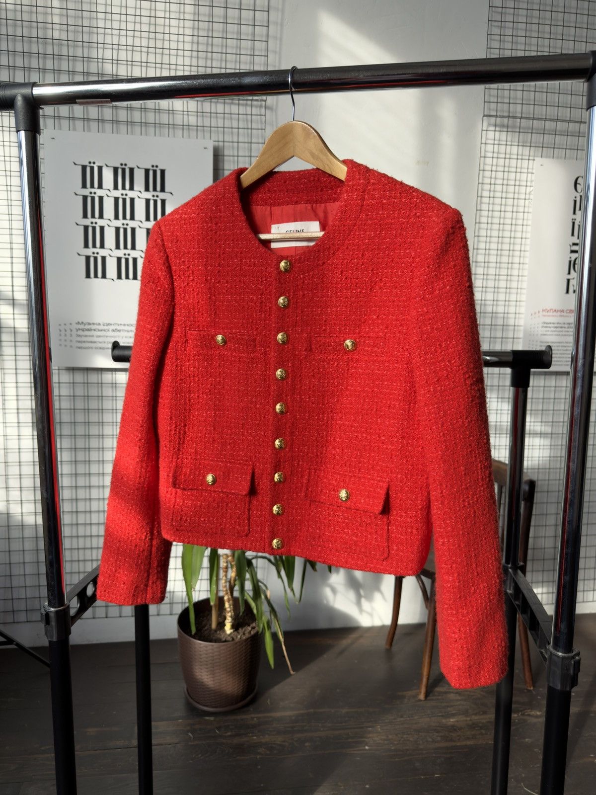 Celine Celine Chasseur Tweed Evening Wool Jacket Red Gold Buttoned Size M / US 6-8 / IT 42-44 - 3 Thumbnail