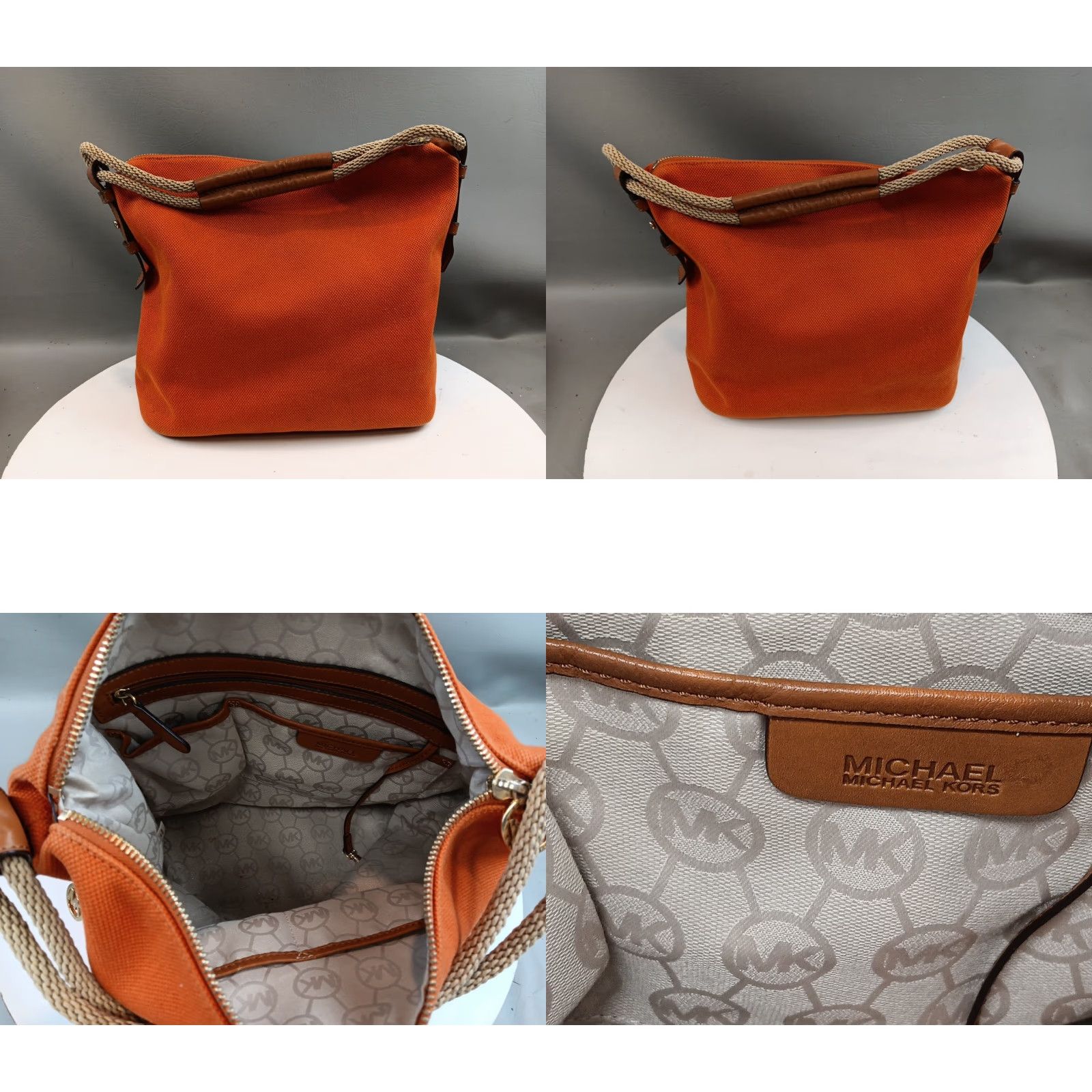 Michael Kors Michael Kors Tote Bag Orange Canvas/Leather Trim Dual Rope Handles Logo Beachy Size ONE SIZE - 9 Thumbnail
