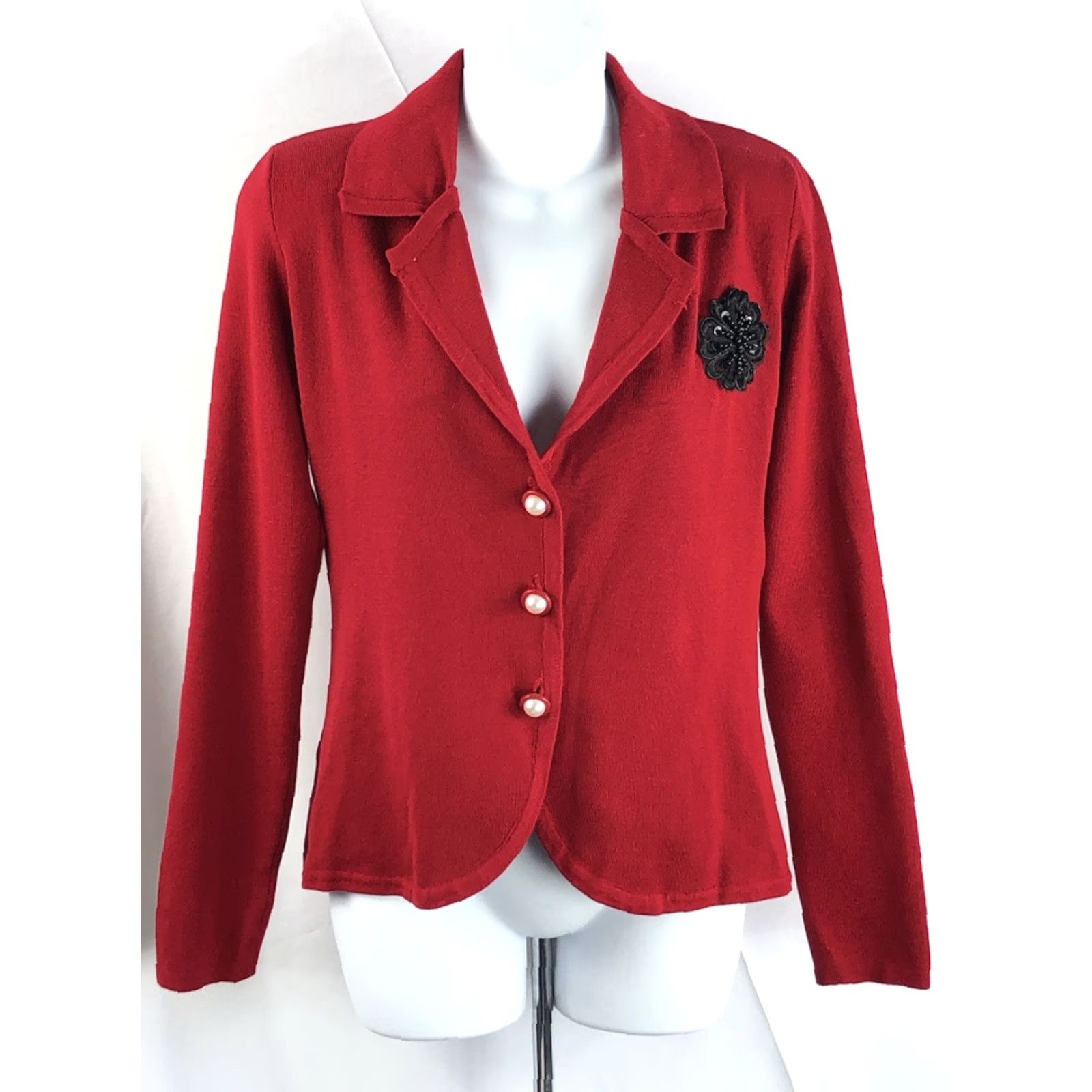 FRED NWT Red Cardigan Knit Sweater Top M Red Pearl Button Front V-Neck Bead Applique Women Size M / US 6-8 / IT 42-44 - 5 Thumbnail