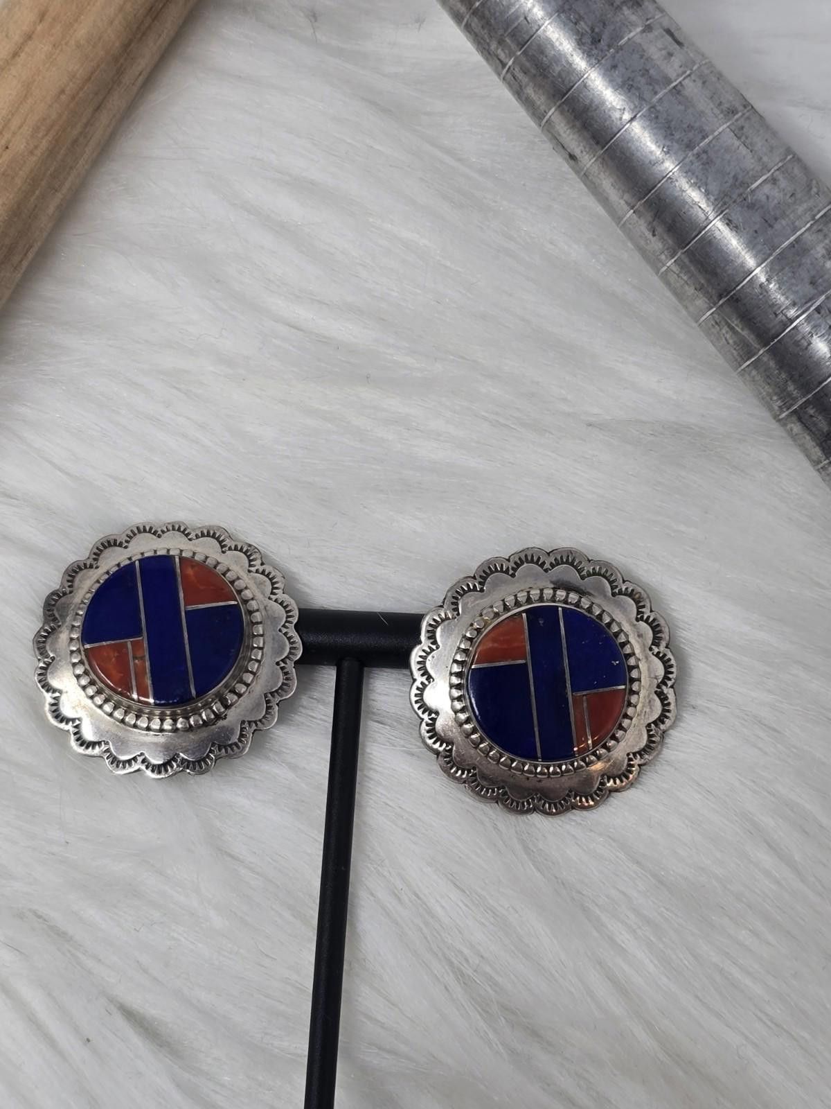 TED LAPIDUS Navajo Inlay Sterling Earrings Lapis Coral Molly Lincoln Size ONE SIZE - 7 Thumbnail