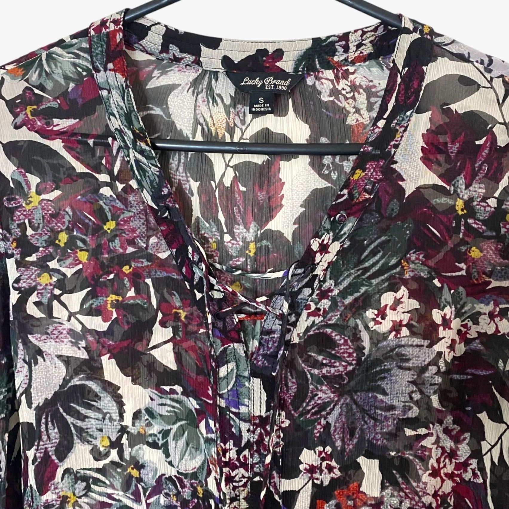 Lucky Brand Lucky Brand Blouse Women S Purple Floral Boho Peasant Tie-Up Sheer Rayon 100% Women Size S / US 4 / IT 40 - 5 Thumbnail