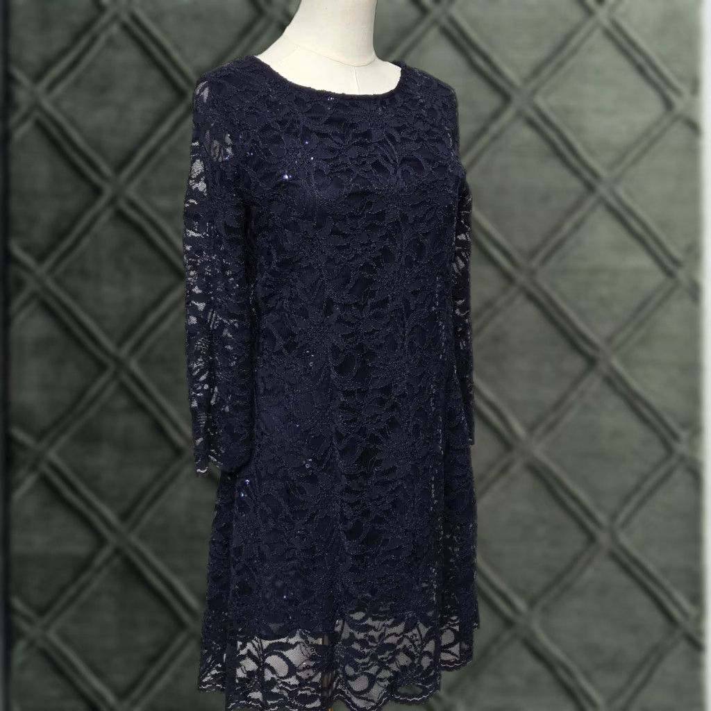 Vintage Marina Dress Womens 8 Navy Blue Lace Sequin Shift 3/4 Sleeve Party Cocktail Size M / US 6-8 / IT 42-44 - 1 Thumbnail