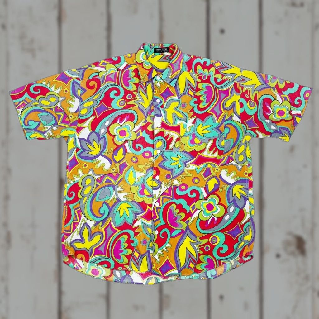 VINTAGE Structure Button-Up Shirt Mens Large Multicolor Floral All Over Print 90s Colorful