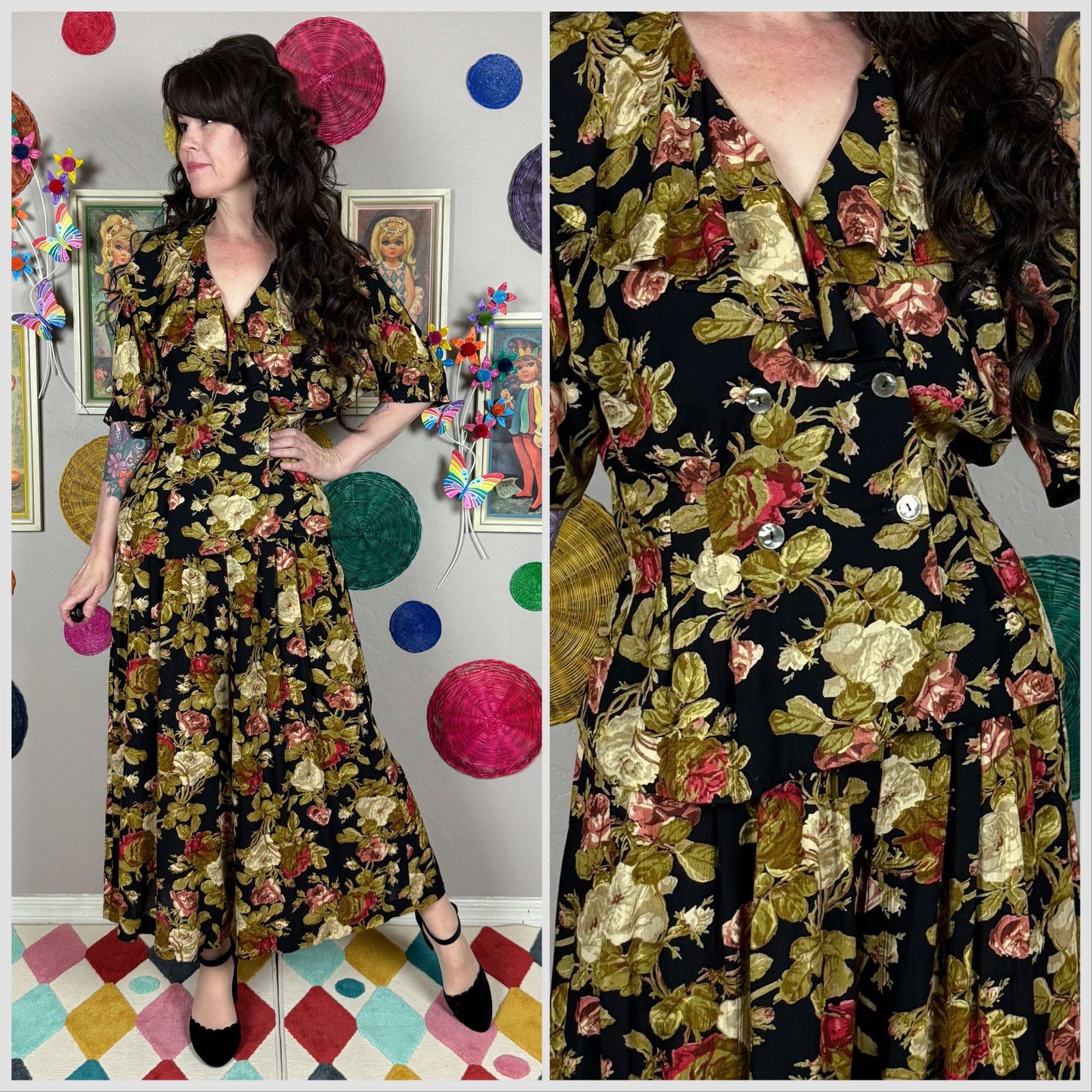 1980s Floral 2-Piece Set Ruffle Top & Wide Leg Palazzo Pants