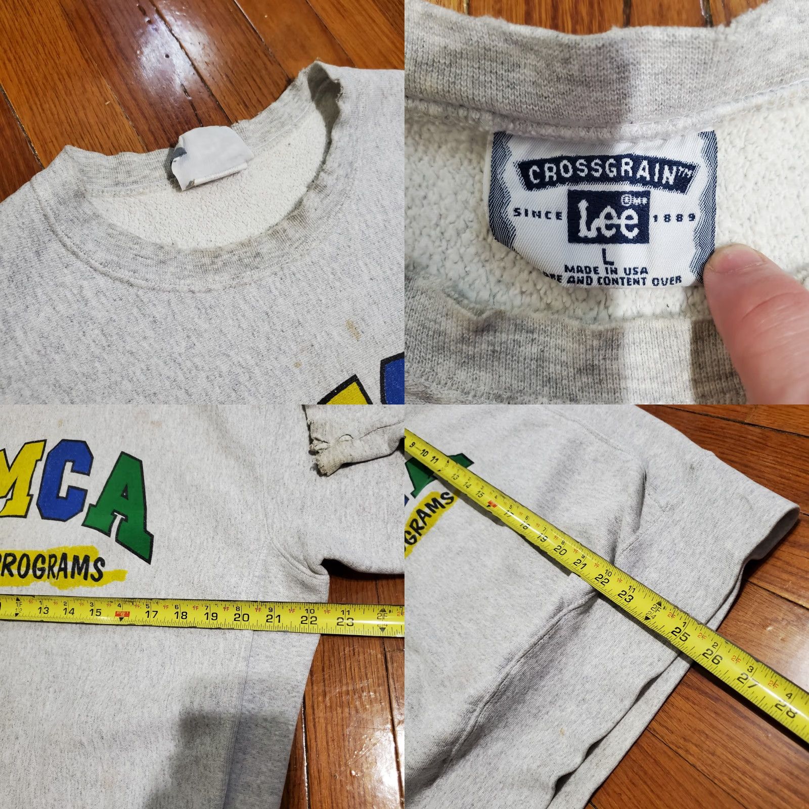 Lee VINTAGE Sweatshirt 1990s YMCA Gray Logo Sz L Rare Thrashed Distressed Stained Size US L / EU 52-54 / 3 - 8 Thumbnail