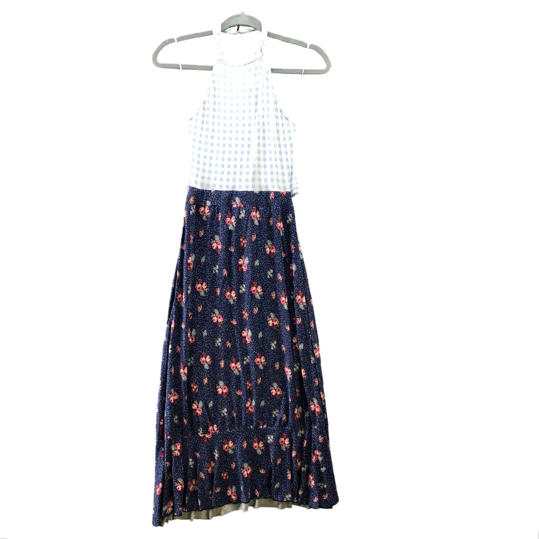 Asos ASOS Midi Dress 4 Blue Gingham Floral Halter Jersey Knit Tie Back Sleeveless Mids Size S / US 4 / IT 40 - 2 Thumbnail