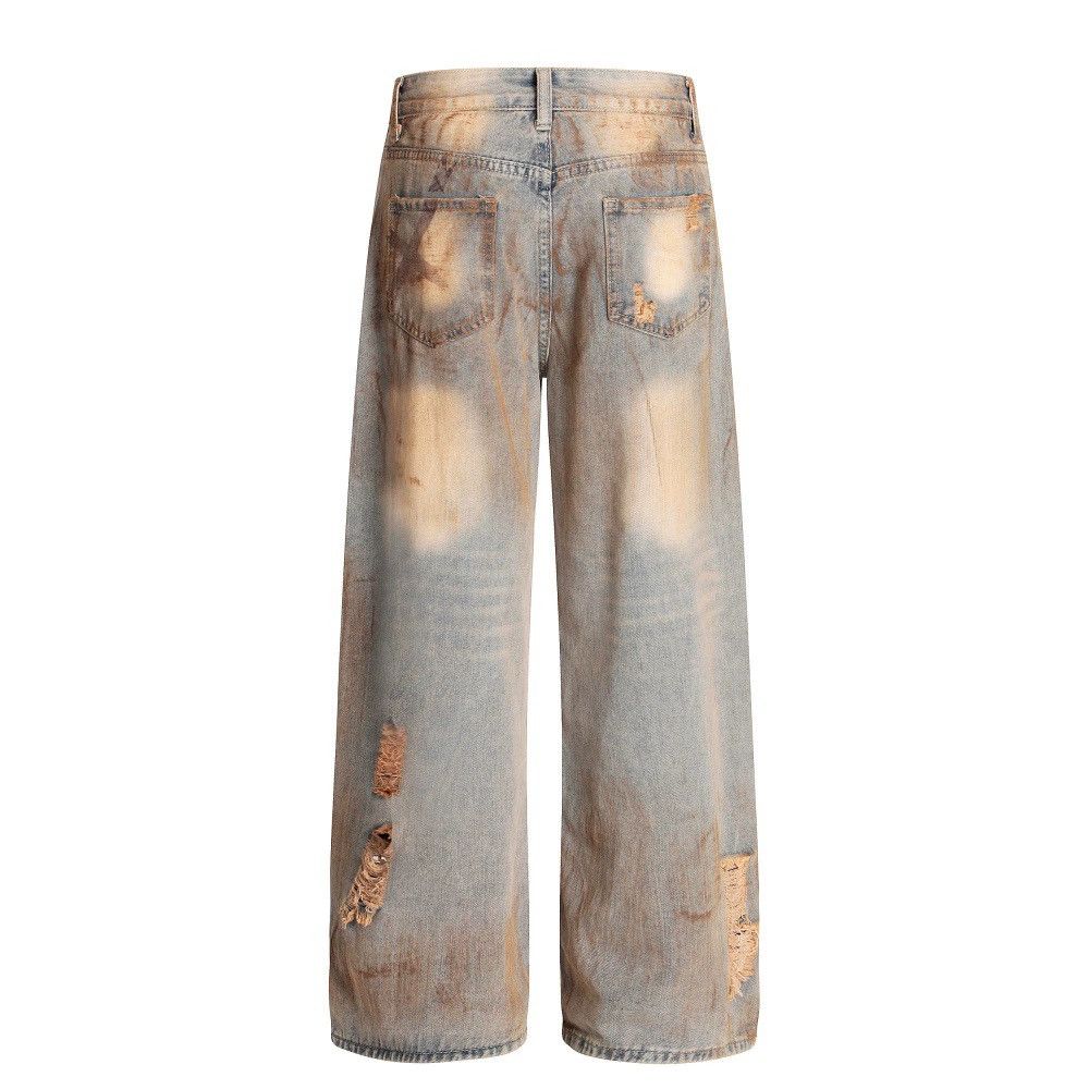 Heavy-duty distressed men's loose washed dirty ripped jeans