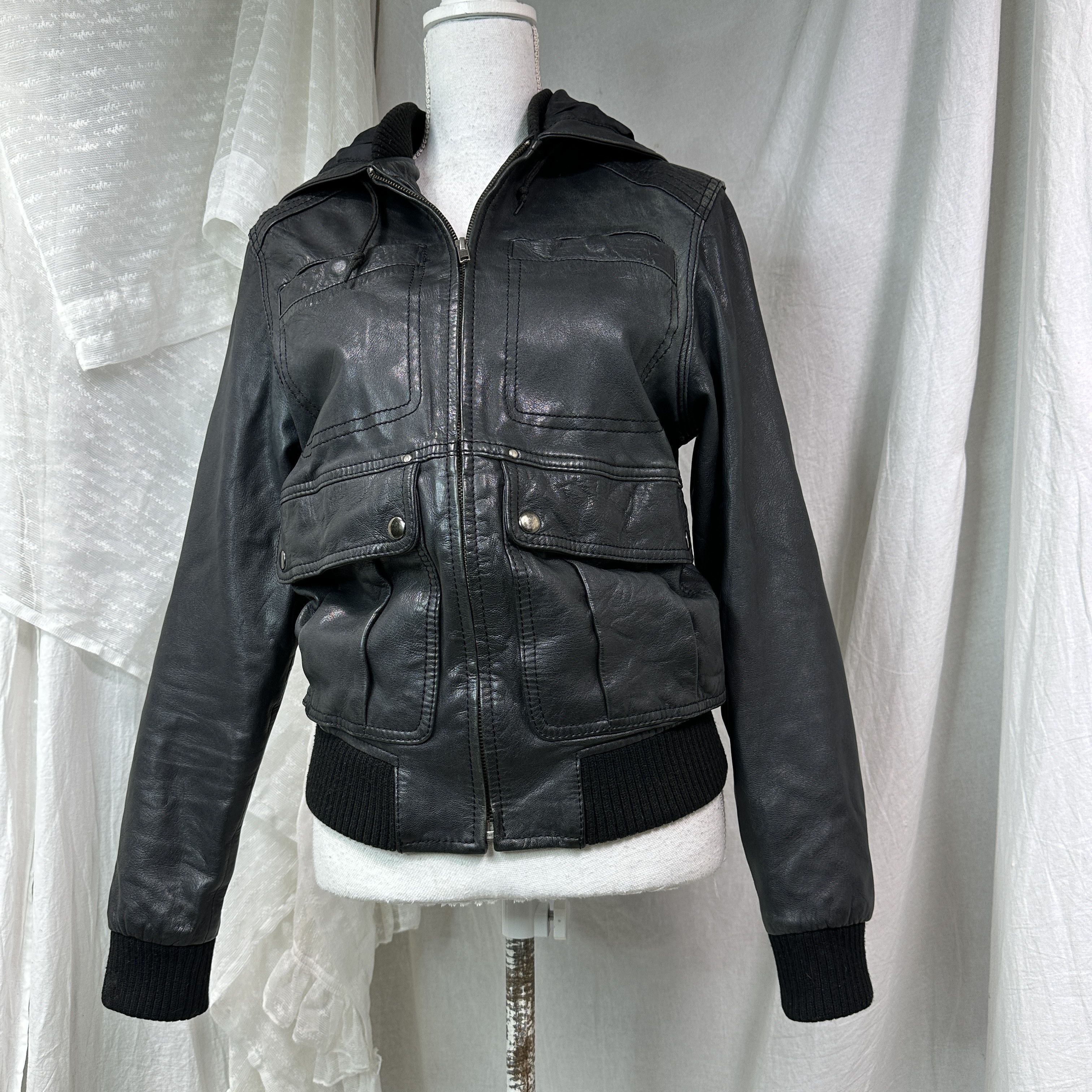 Vintage Vintage Leather Grunge Biker Moto Hooded Jacket 00s Size S / US 4 / IT 40 - 7 Thumbnail