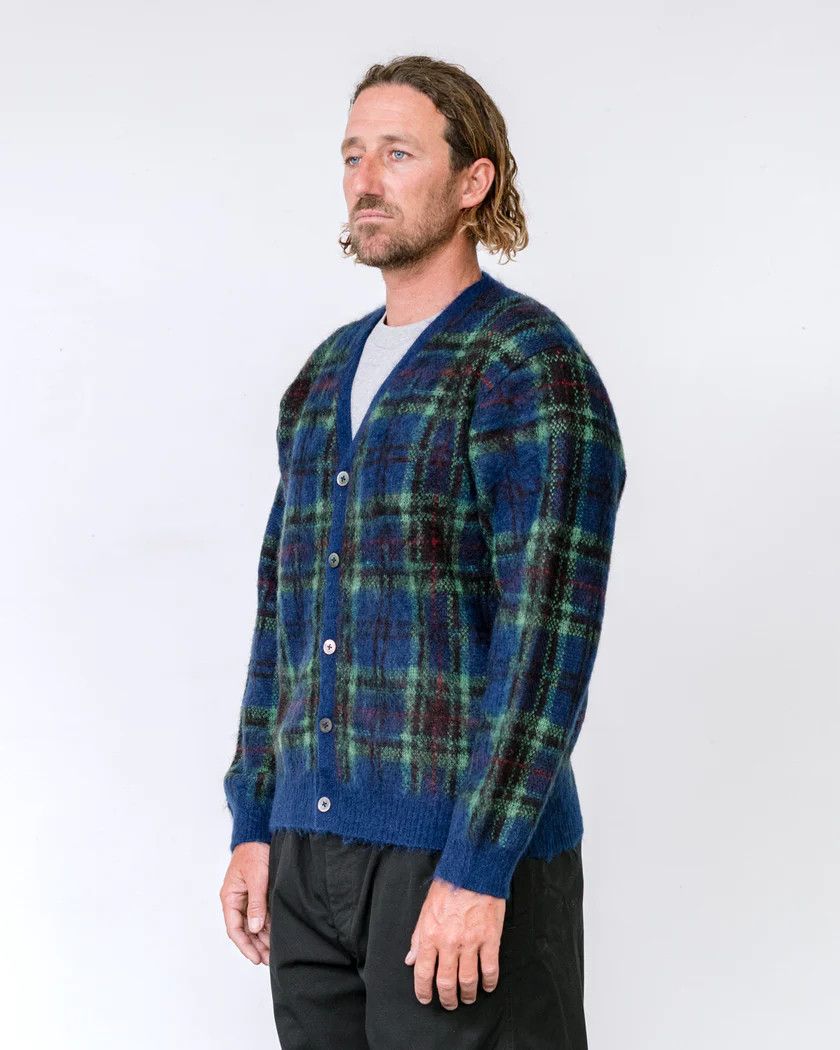 image of Anonymous Ism Mohair Check Cardigan in Navy, Men's (Size Medium)
