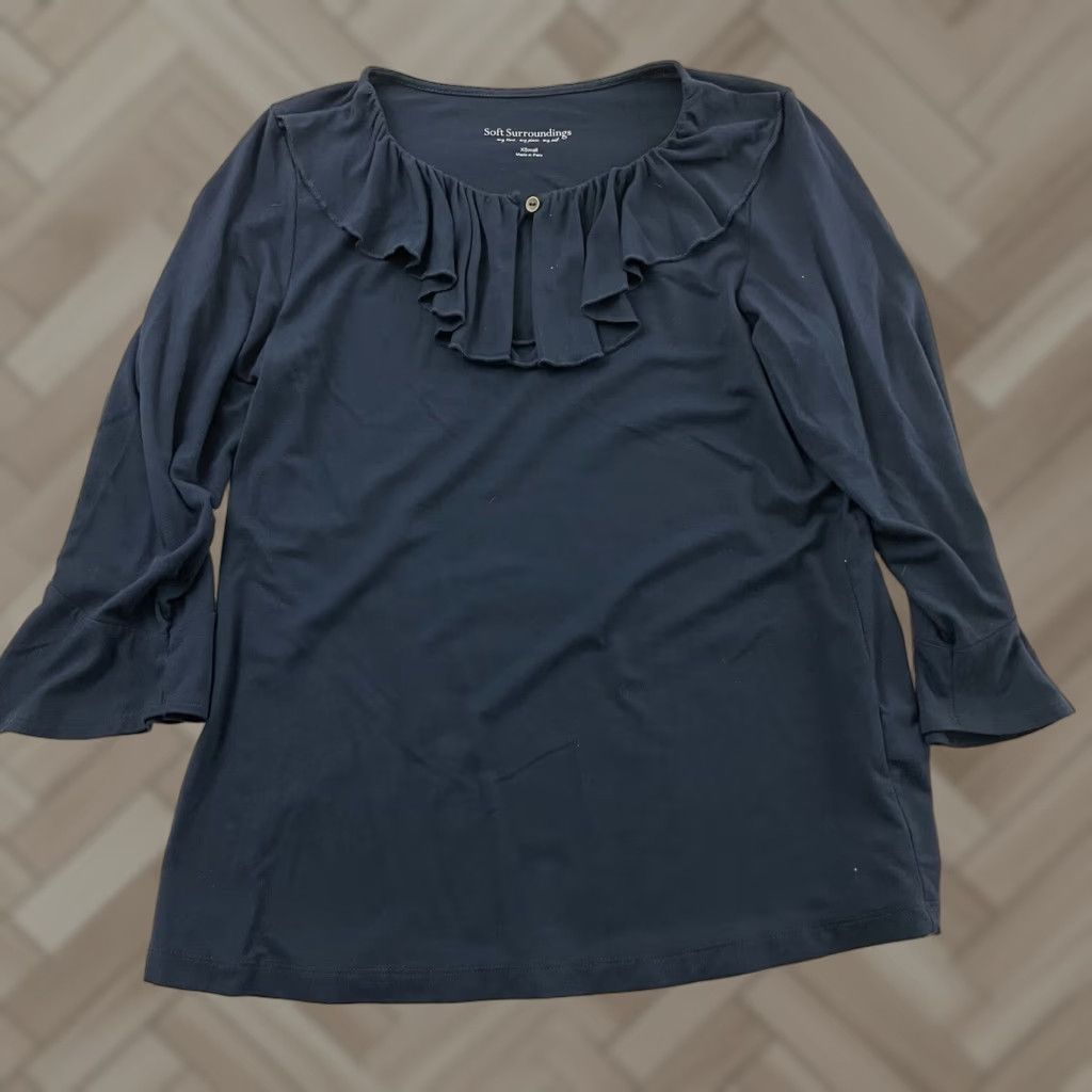 Soft Surroundings Soft Surroundings Blouse 3/4 Sleeve Ruffle XS Navy Blue Women Solid Shirt VINTAGE? Size XS / US 0-2 / IT 36-38 - 1 Thumbnail
