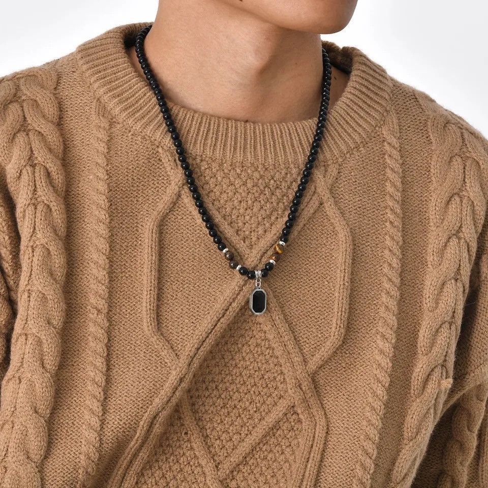 Jewelry x Vintage Mens Geometric Charm Necklaces, Black Beaded Tier Eye Stone