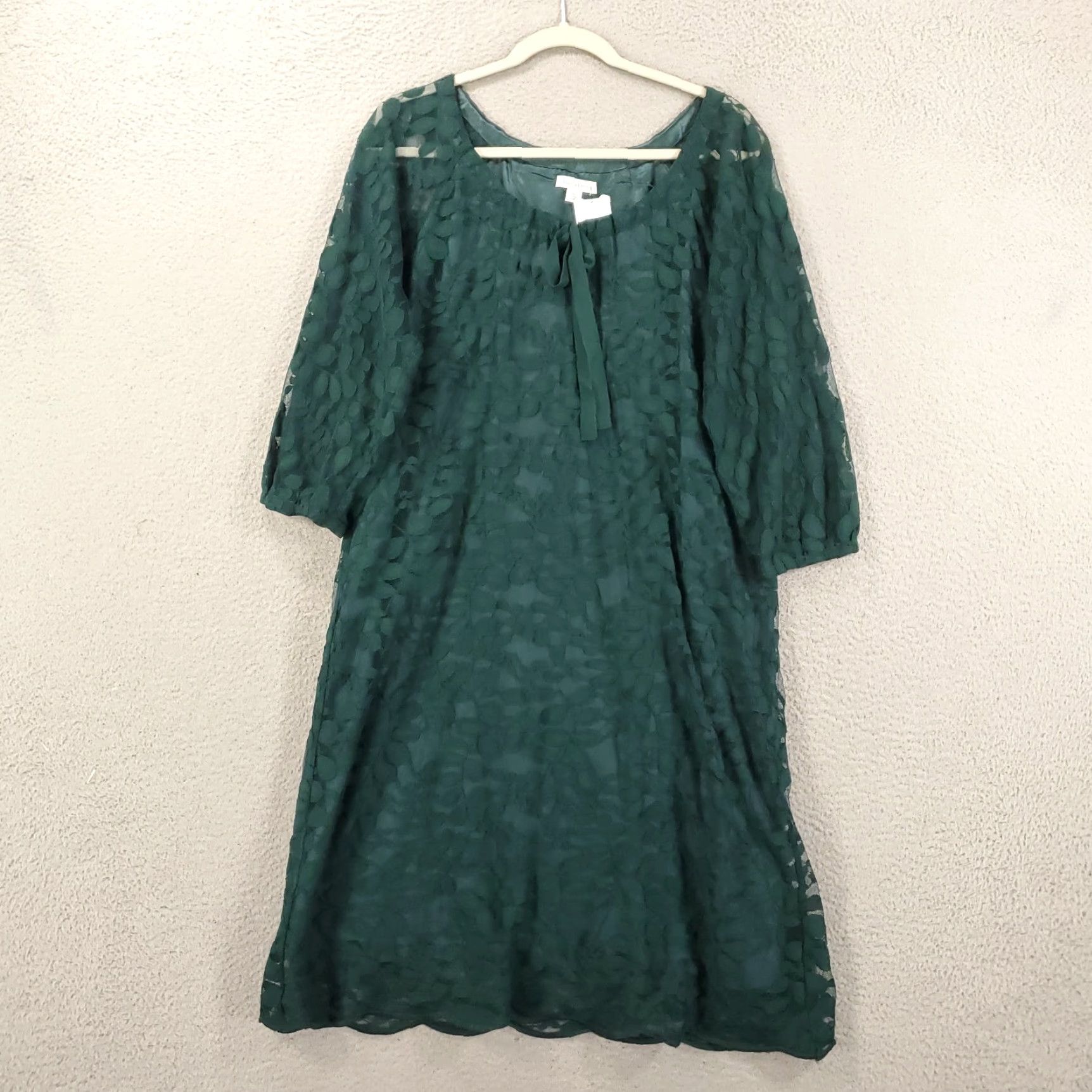 Vintage Garnet Hill Shift Dress Emerald Green Lace Overlay Knee Length Sheer Womens 14 Size XL / US 12-14 / IT 48-50 - 3 Thumbnail