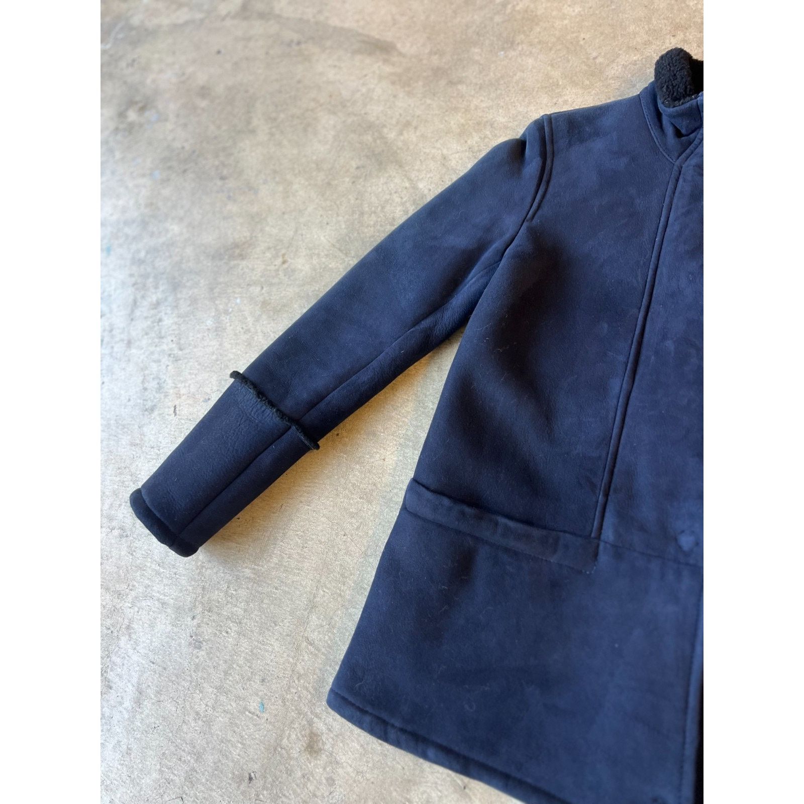 Saks Fifth Avenue Luxury Spanish Shearling Walker Stand Collar Navy Coat - XS Size XS / US 0-2 / IT 36-38 - 4 Thumbnail