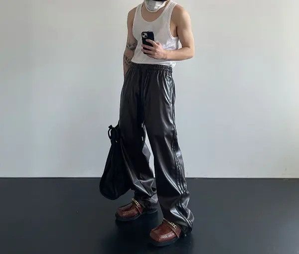 VIBE PU Leather Black Stripe Elastic Waist Pants Size US 34 / EU 50 - 5 Thumbnail