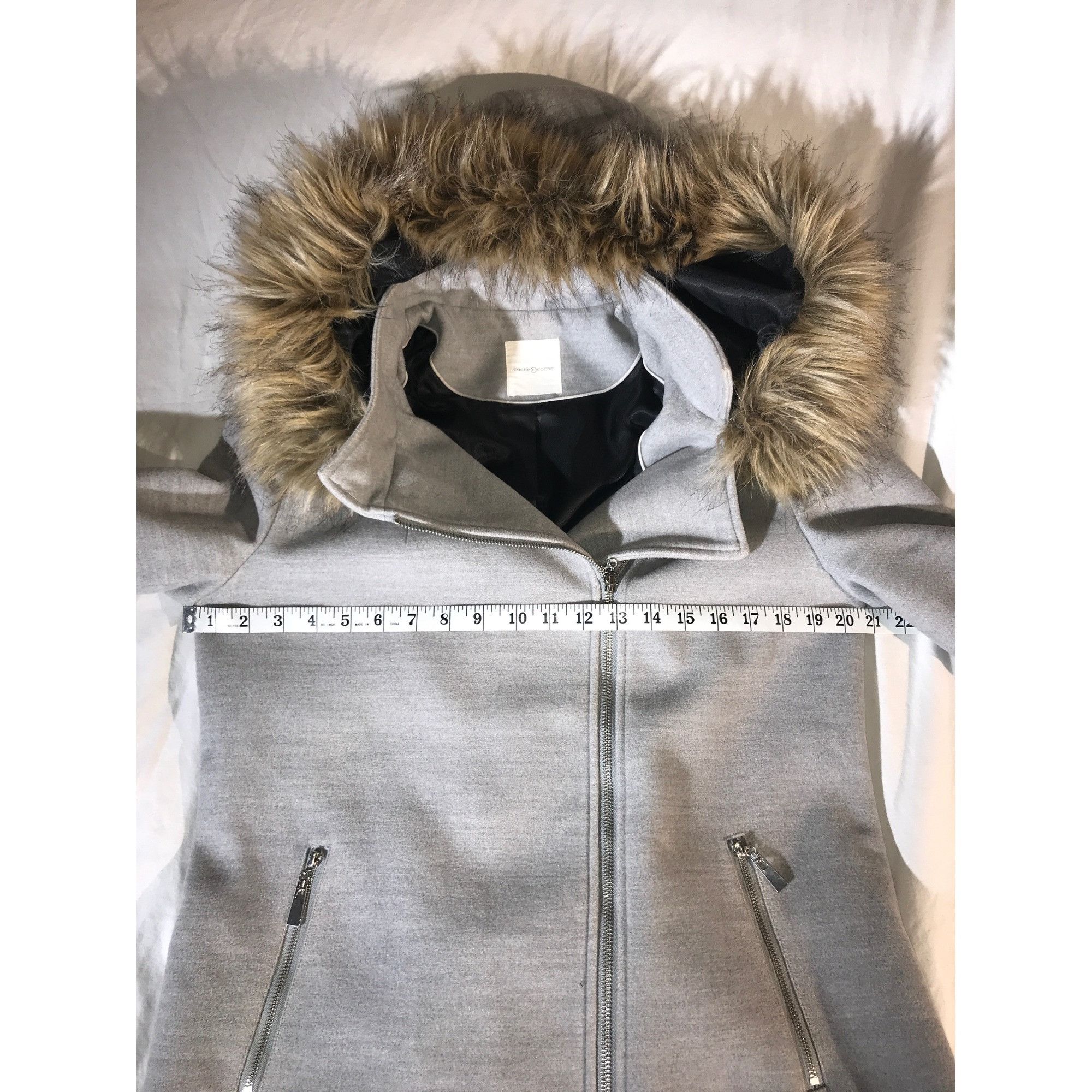 Designer Cache Cache Womens Gray Polyester Faux Fur Trim Hooded Coat Size M / US 6-8 / IT 42-44 - 5 Thumbnail