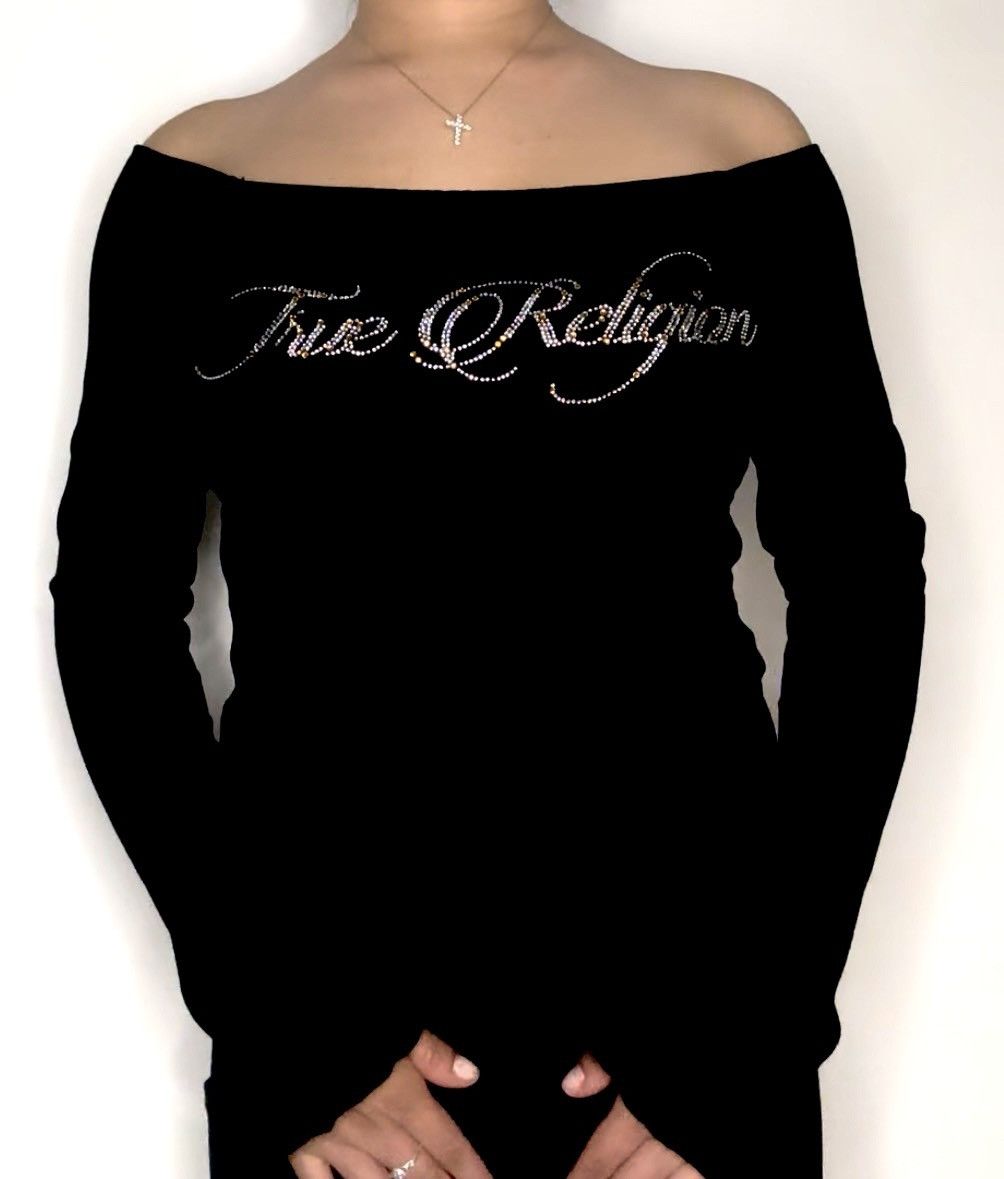 True Religion True Religion Black Off-Shoulder Rhinestone Long Sleeve Top Size M / US 6-8 / IT 42-44 - 2 Thumbnail