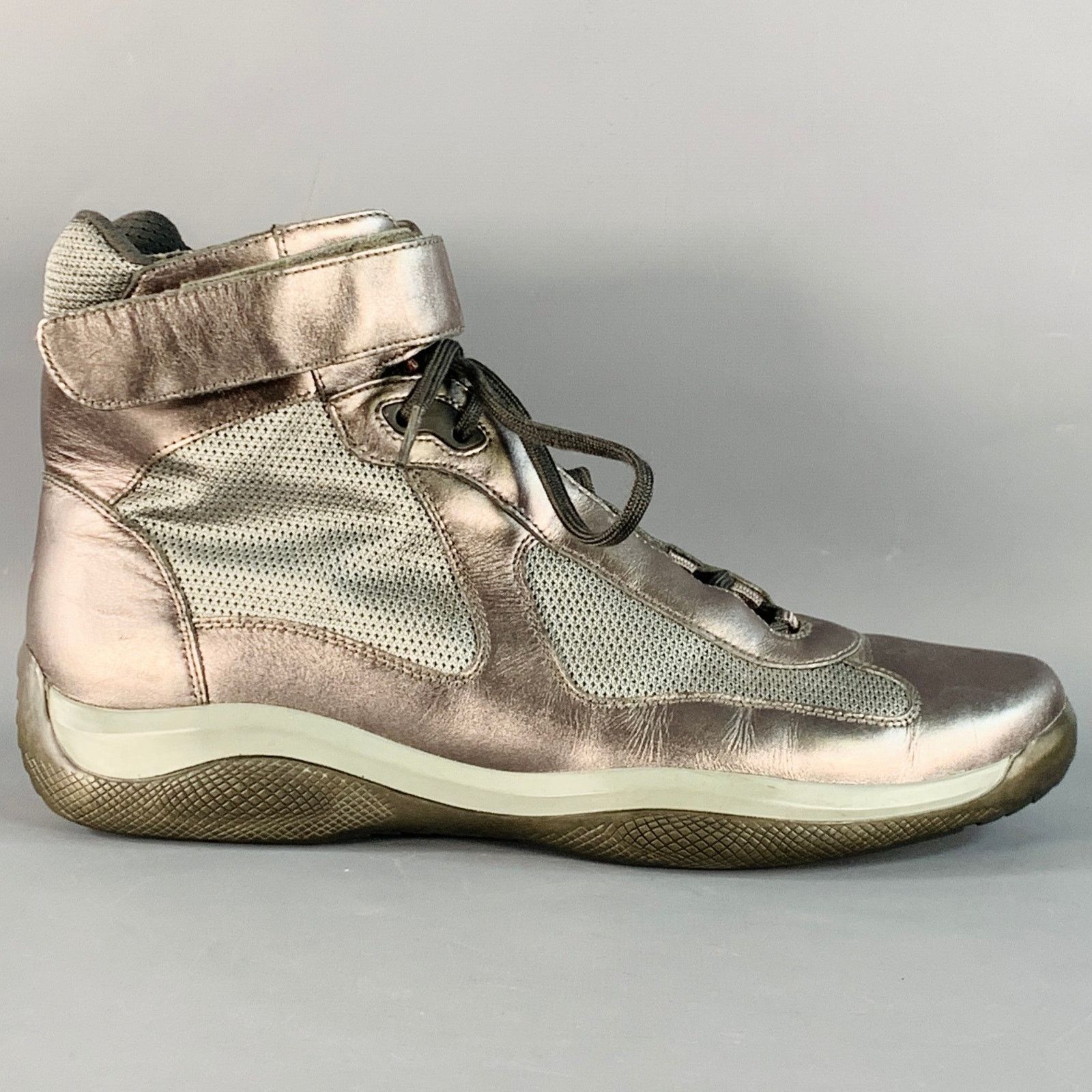 Prada America's Cup Silver Leather Nylon Mesh Ankle Sneakers Size US 10.5 / EU 43-44 - 2 Thumbnail