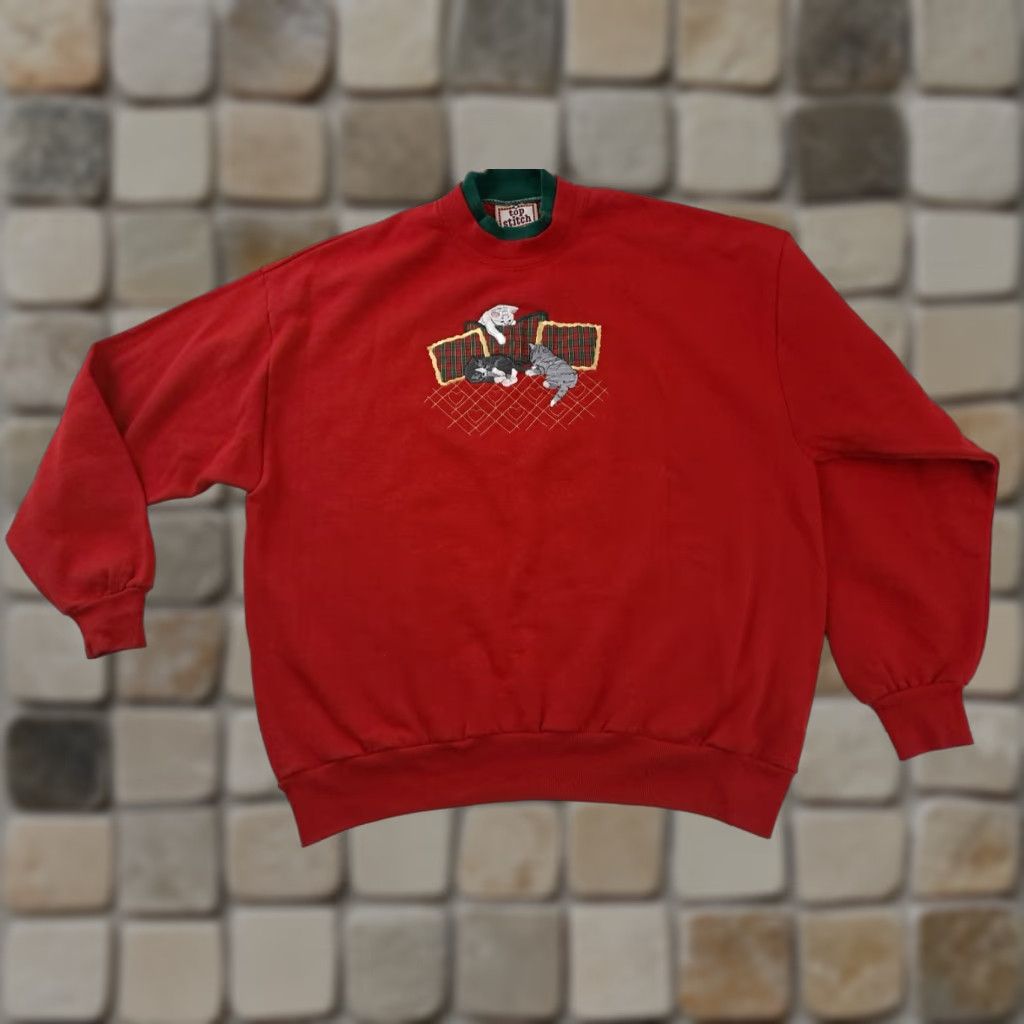 Vintage VINTAGE Top Stitch Sweatshirt Women's Embroidered Kittens and Pillows XL Red Canvas Cotton Long Sleeve Pullover 26in Size XL / US 12-14 / IT 48-50 - 1 Thumbnail