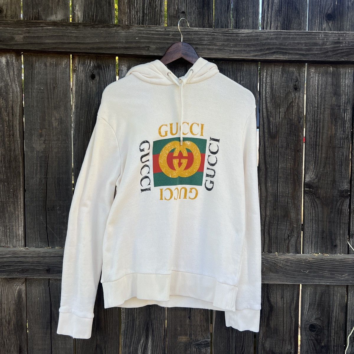 image of Gucci Box Logo Distressed Cream GG Hoodie in White, Men's (Size Small)