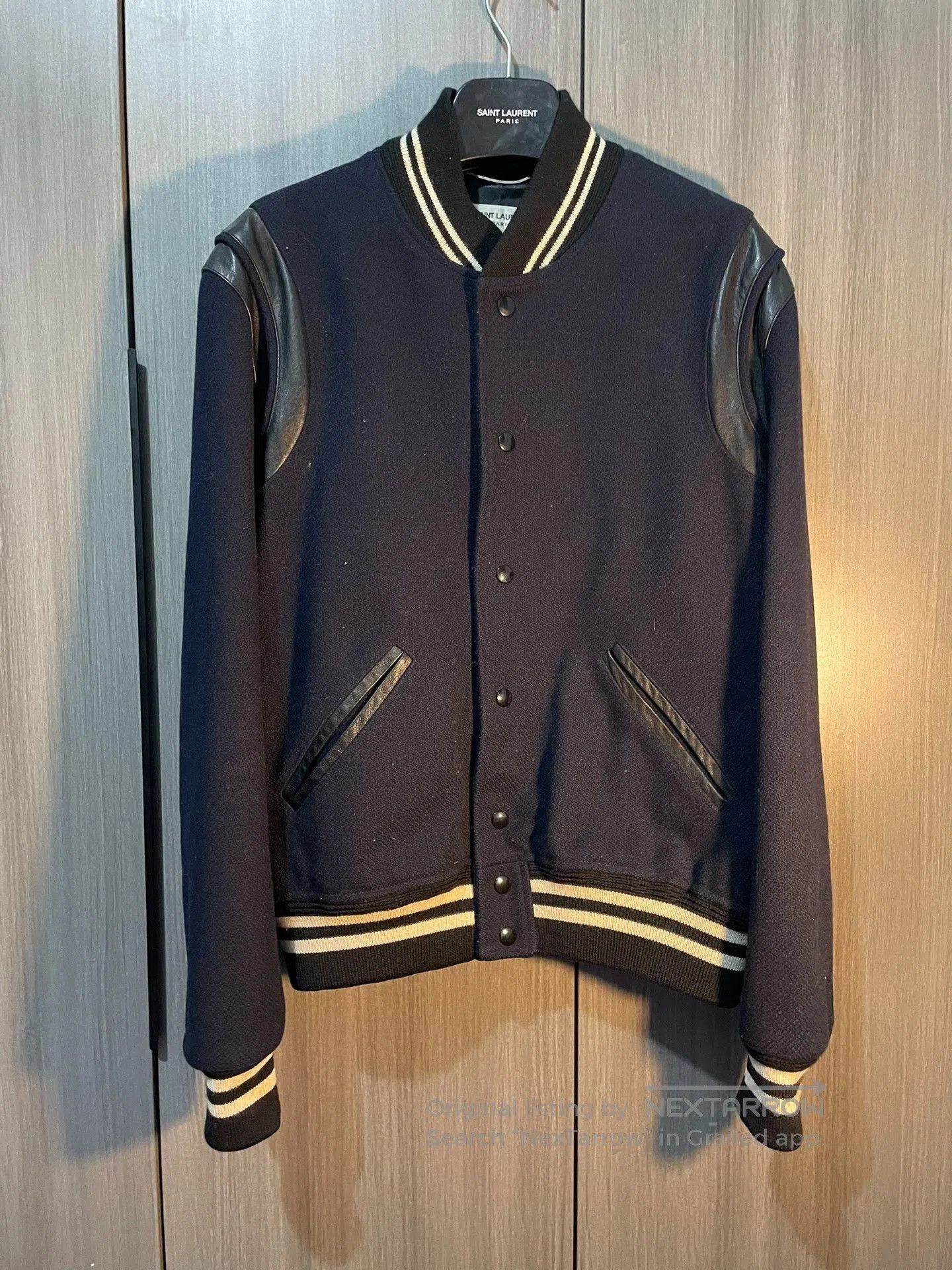 Saint Laurent Paris Saint Laurent Navy Leather Sleeves Varsity Jacket. Size US M / EU 48-50 / 2 - 1 Thumbnail