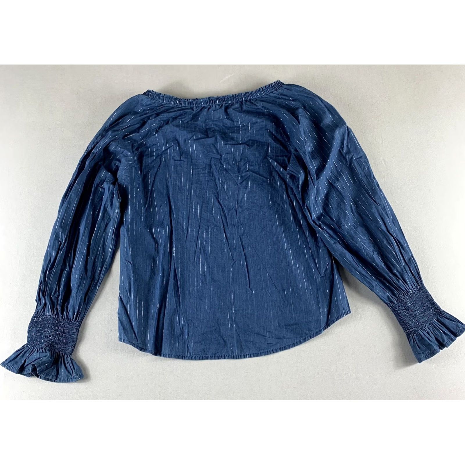White House Black Market WHBM BLOUSE Women SP Blue Baloon Sleeves V-Neck Metallic Striped Cotton Boho Womens Dress Size S / US 4 / IT 40 - 2 Thumbnail