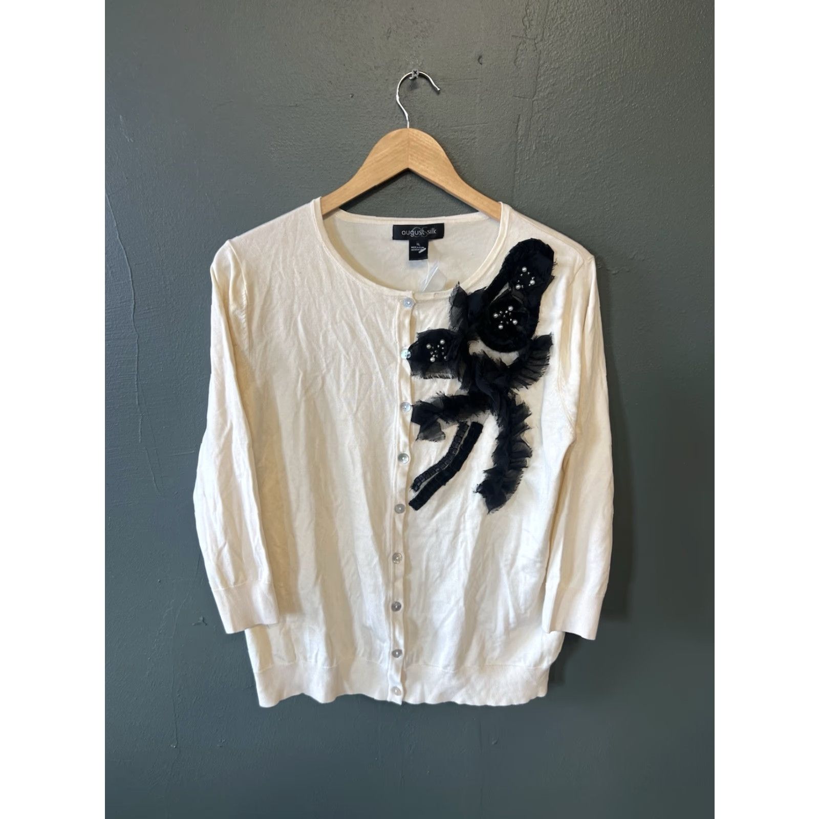 Vintage August Silk Cardigan Women XL Ivory NWT Bow Design Lightweight Size XL / US 12-14 / IT 48-50 - 2 Thumbnail