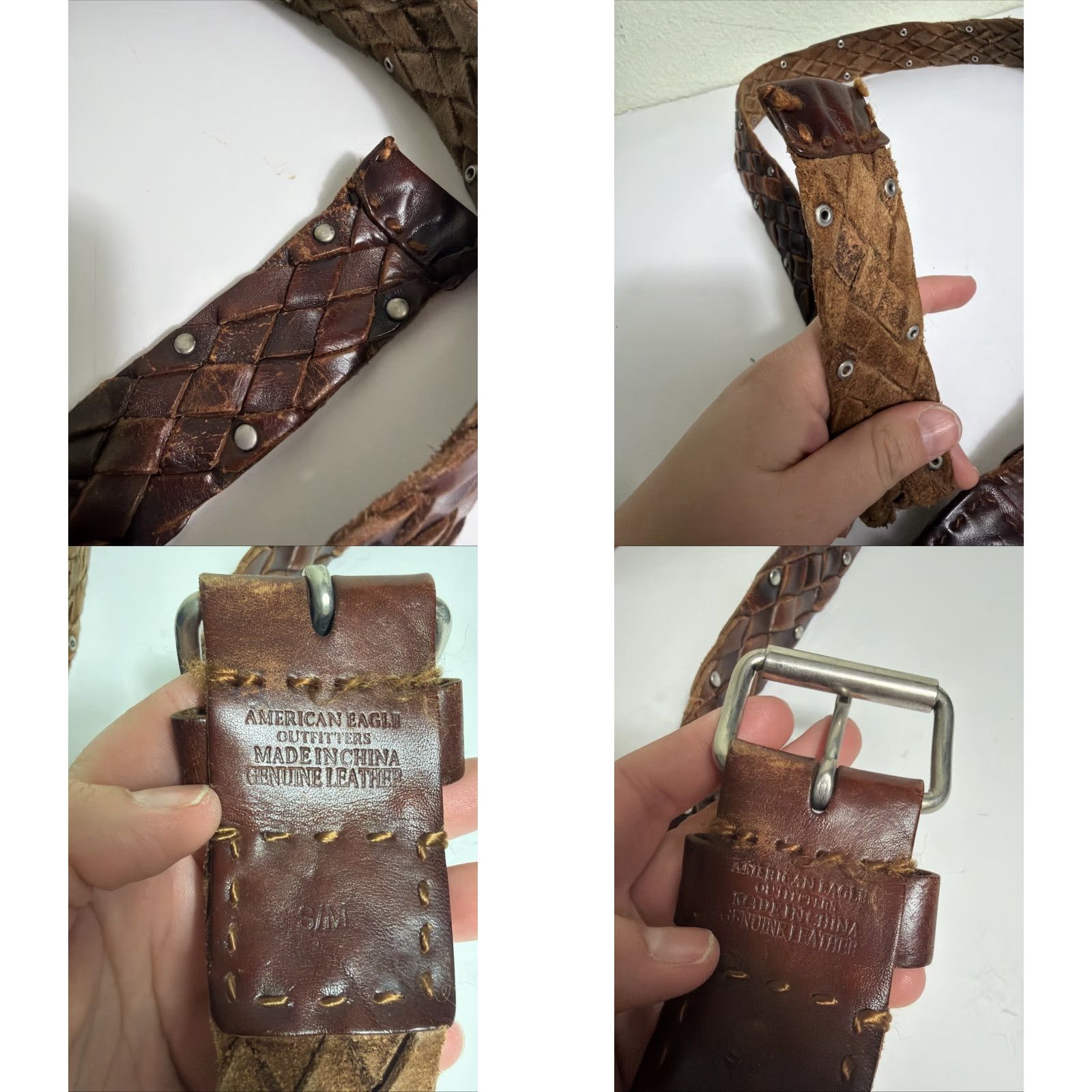 American Eagle Outfitters VINTAGE American Eagle Belt Womens S/M Brown Leather Studded Woven Brass Buckle Boho Size ONE SIZE - 8 Thumbnail
