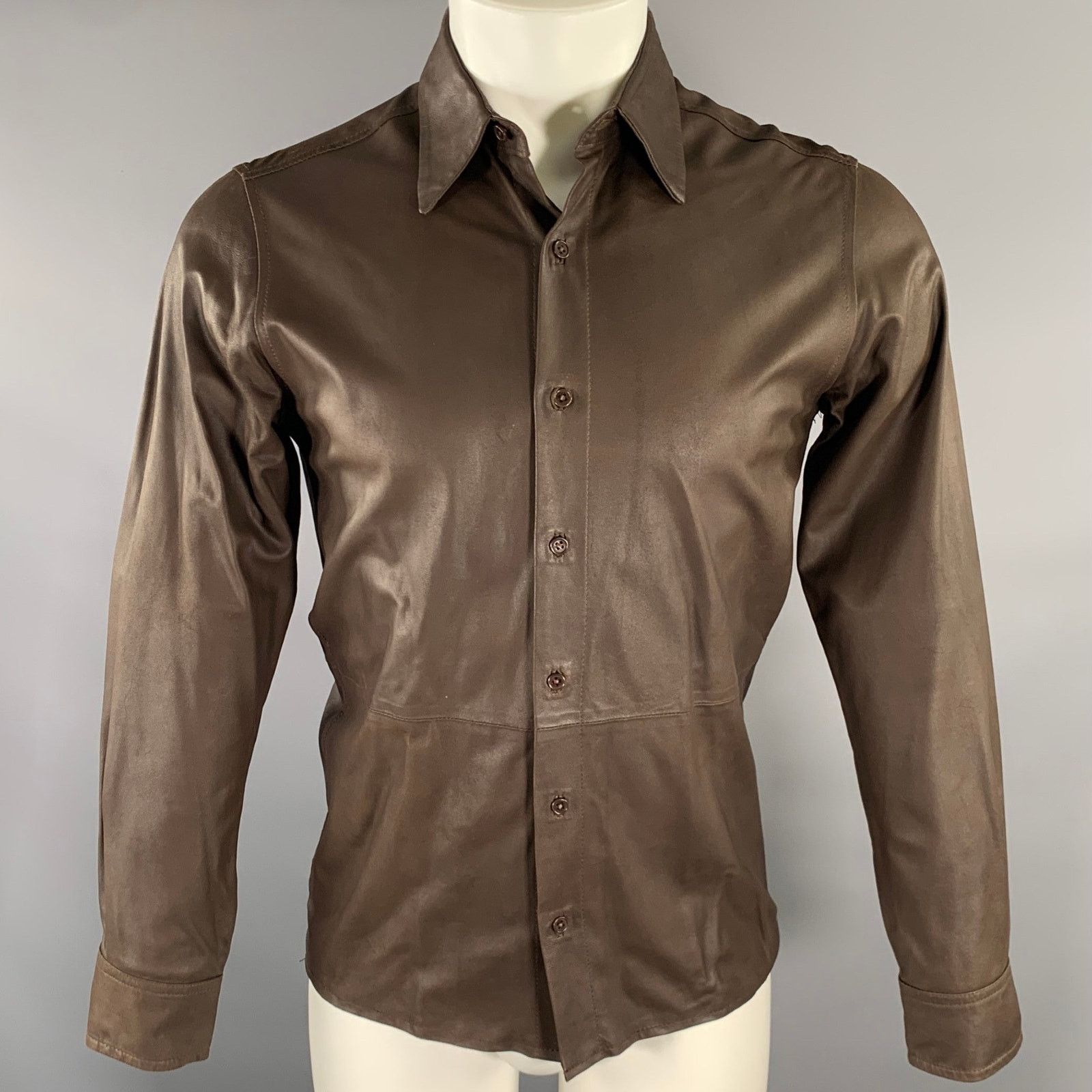 DKNY DKNY Size XS Brown Leather Long Sleeve Shirt Size US M / EU 48-50 / 2 - 1 Thumbnail