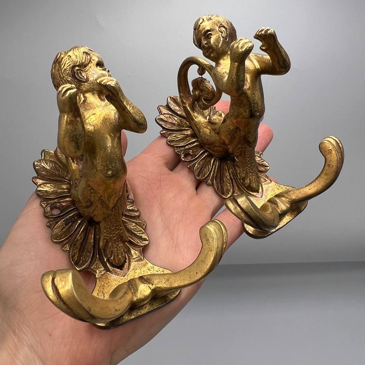Vintage Pair Massive Bronze Coat Hooks Putti Cherub Baroque Style Size ONE SIZE - 8 Thumbnail
