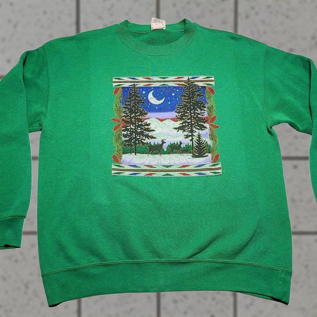 Nutmeg VINTAGE Nutmeg Green Winter Forest Graphic Sweatshirt Men L Crew Neck Pullover Long Sleeve Christmas Holiday Heart Pattern Sweatshirt Size US L / EU 52-54 / 3 - 1 Thumbnail