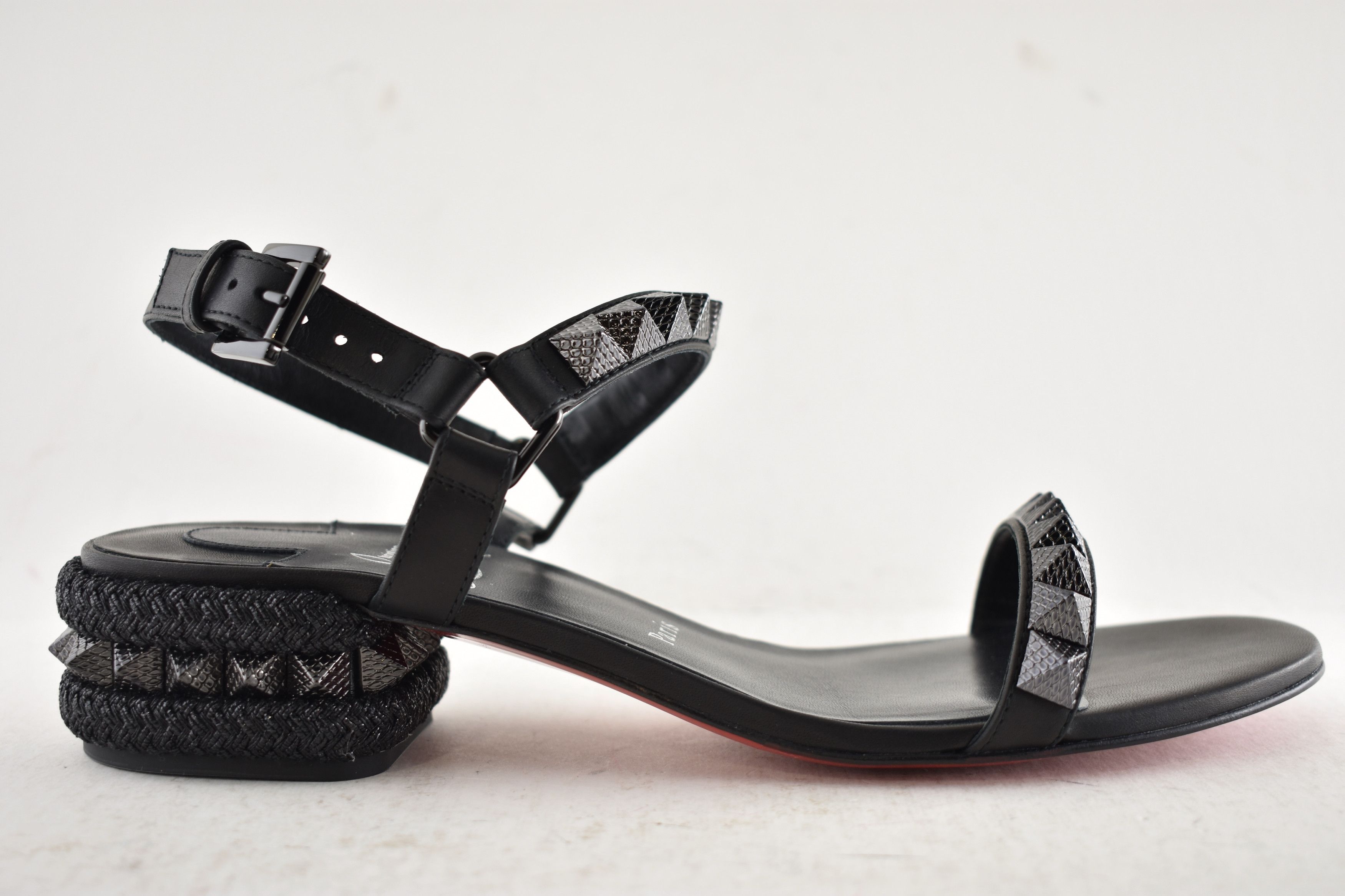 Christian Louboutin Pyrasand 30 Black Leather Block Heel Ankle Strap Sandal 35.5 Size US 5.5 / IT 35.5 - 2 Thumbnail