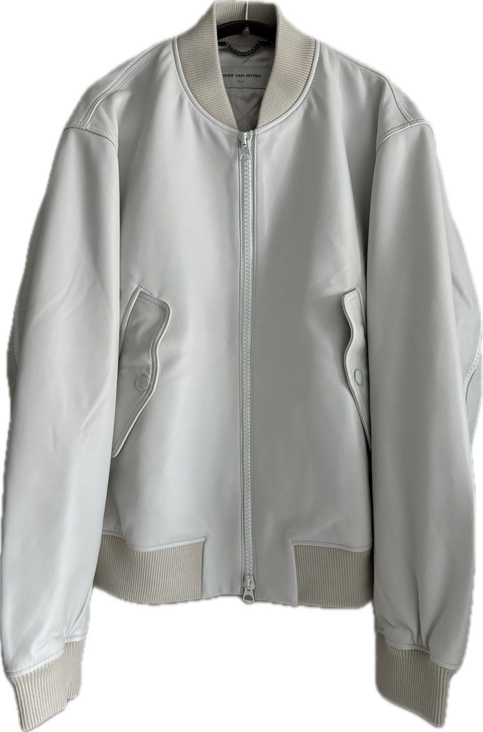 Dries Van Noten AW22 Lanvers Back zipped Leather Bomber Jacket Ecru MA-1 Size US L / EU 52-54 / 3 - 1 Thumbnail