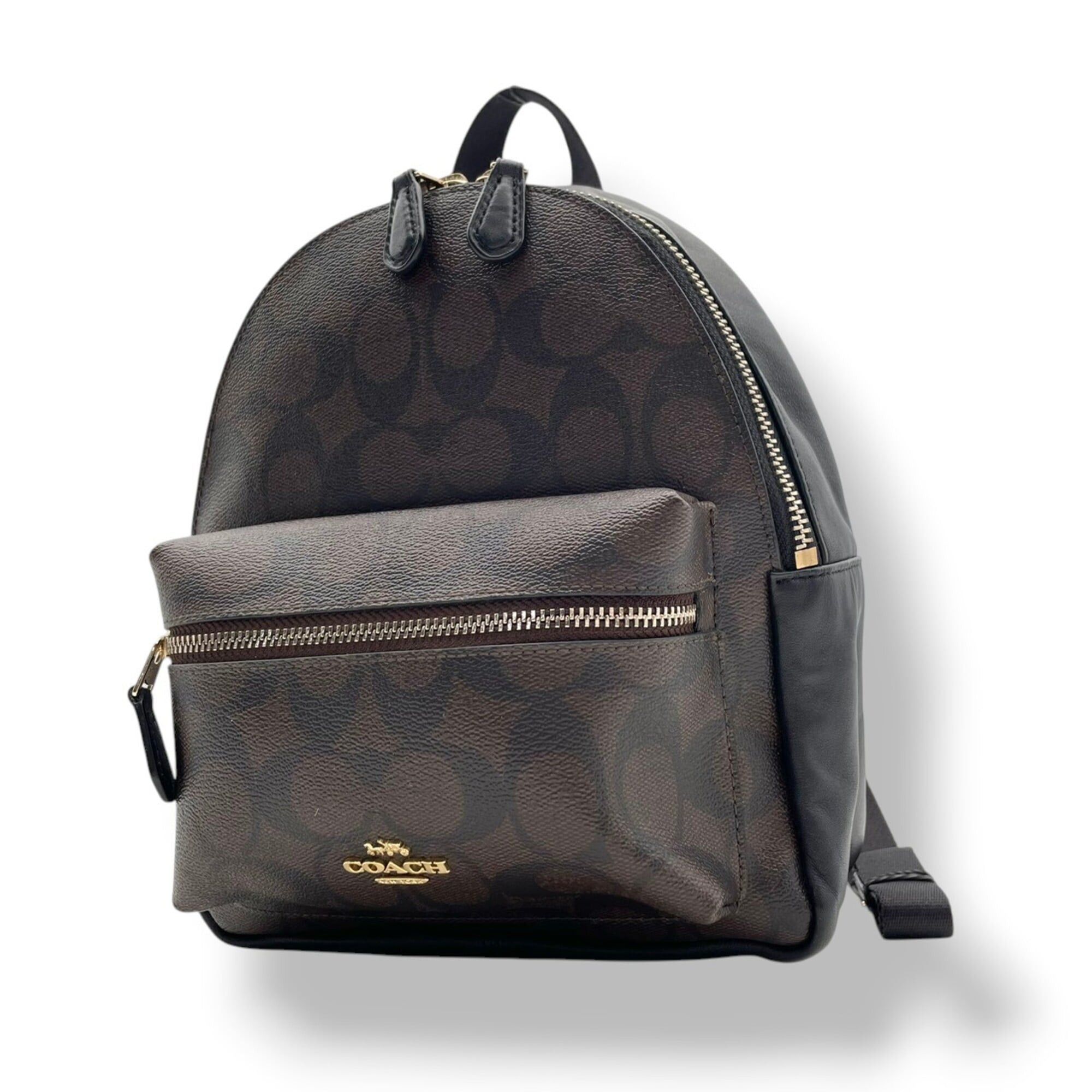 coach charlie backpack size Large Backpack In Signature Khaki / Saddle Brow  Signature coated canvas with smooth leather details Inside zip pocket Zip closure fabric lining Top handle with 2 drop Outside zip pocket Adjustable shoulder straps 10 3/4 (L) x 12 1/2 (H) x 4 (W) Style No Coach