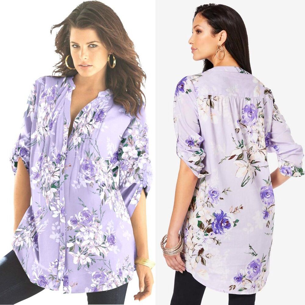 Other New Roaman's Lilac Floral Long Roll Up Sleeve Cotton Big Sh Size 4XL / US 24-26 - 1 Thumbnail