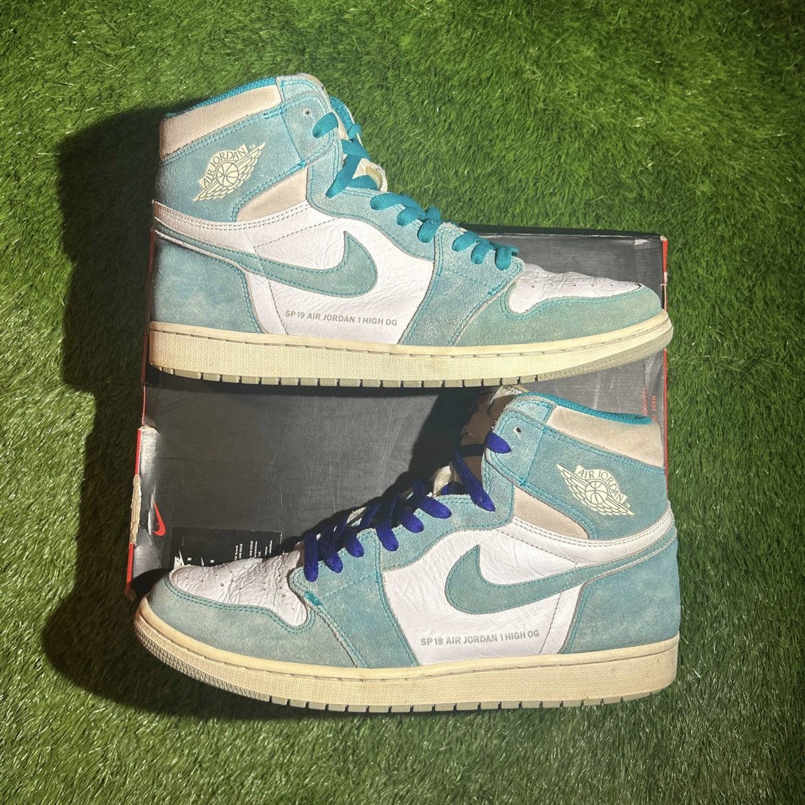 image of Jordan Nike Jordan 1 High OG Turbo Green Size 13 Shoes in Blue, Men's