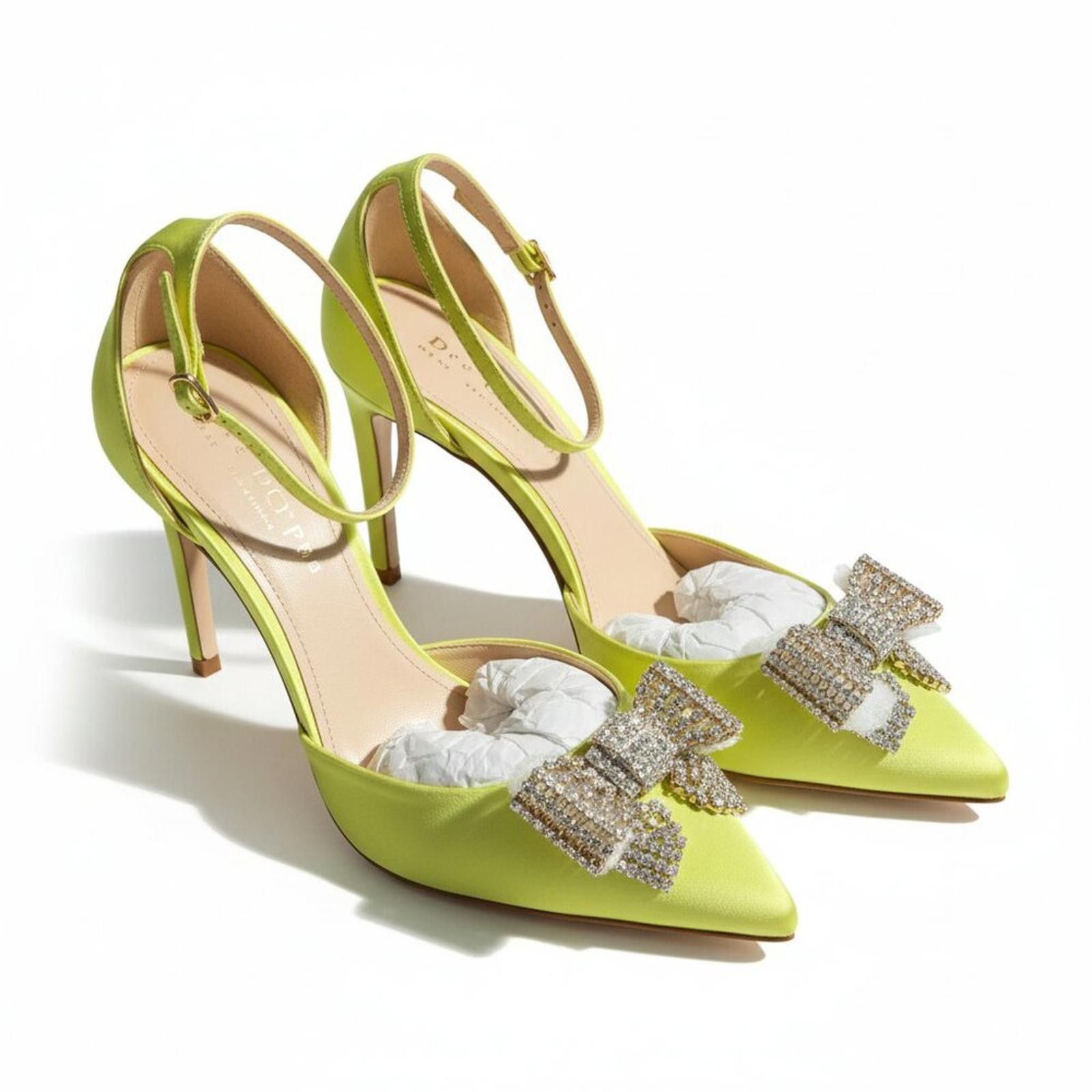 Other Dee Ocleppo Neon Yellow Satin Rhinestone Bow Stilettos 38.5 Size US 8.5 / IT 38.5 - 3 Thumbnail