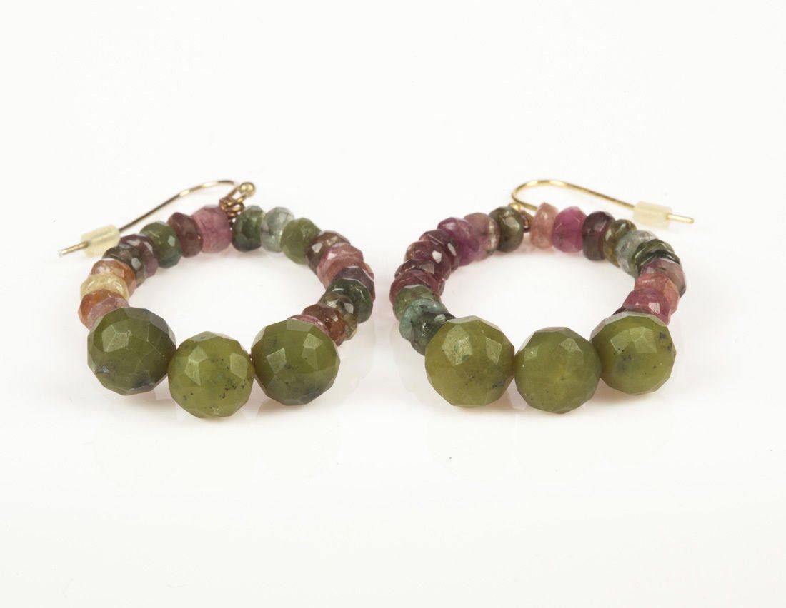 Designer Green and Pink Tourmaline Bead Hoop Earrings Size ONE SIZE - 2 Thumbnail
